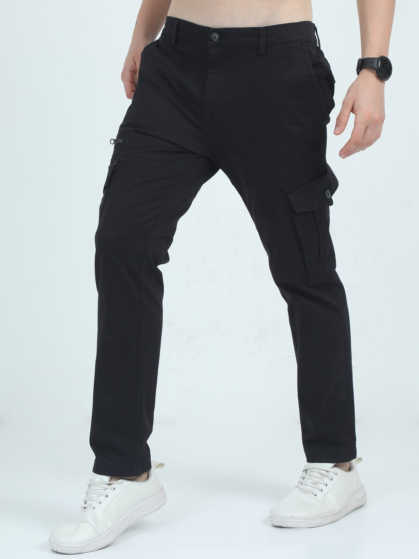 Twill Peach Cotton Mens Cargo Black Trousers