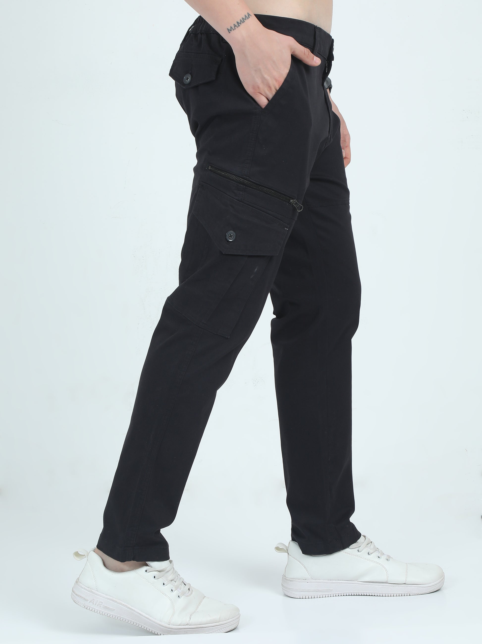 Twill Peach Cotton Mens Cargo Black Trousers