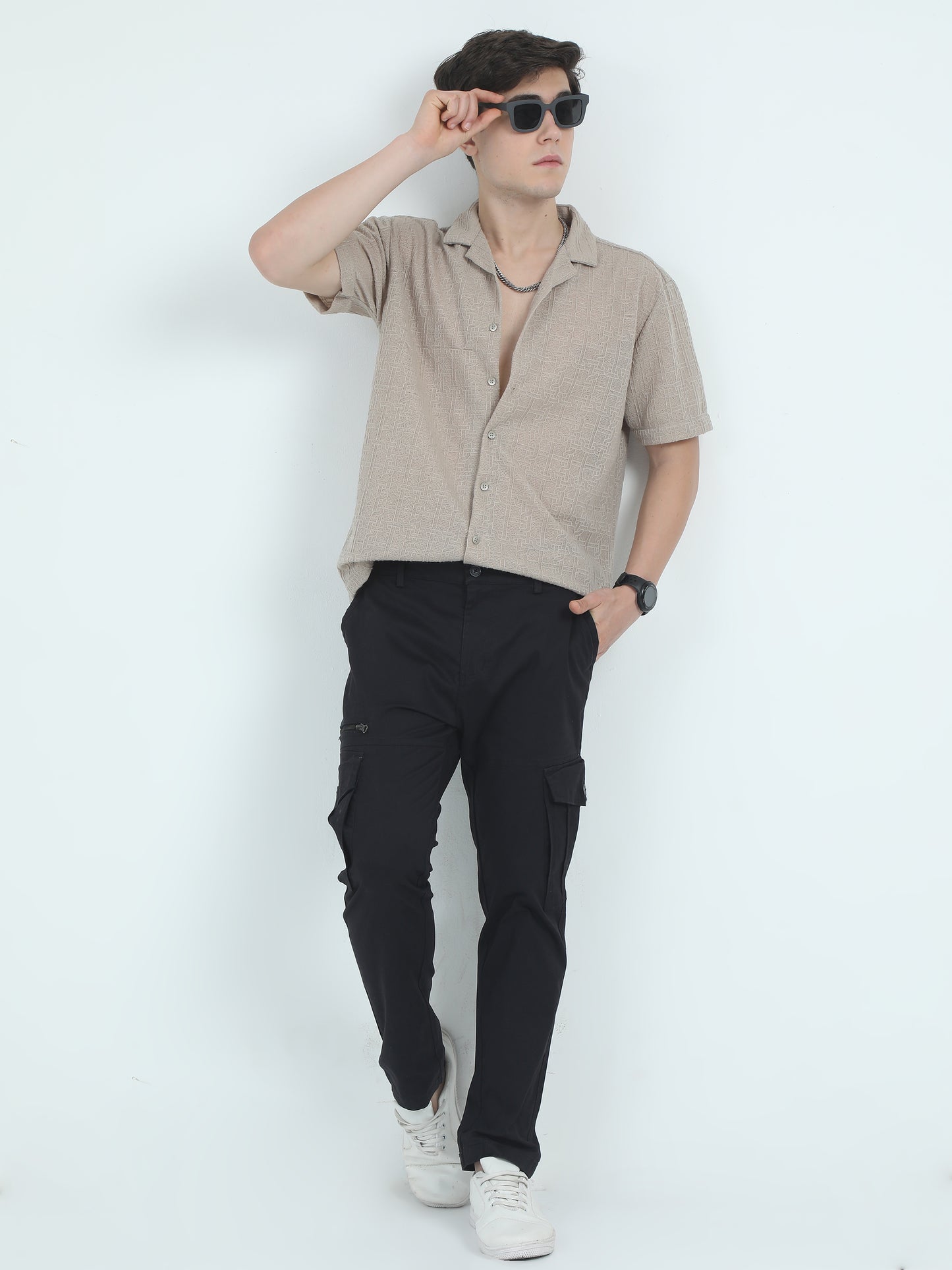 Twill Peach Cotton Mens Cargo Black Trousers