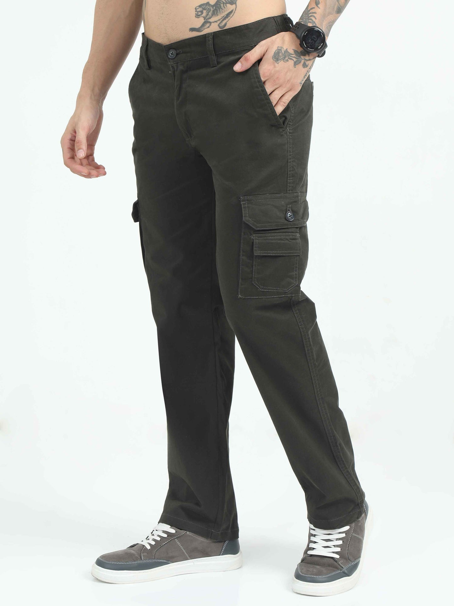 Relaxed Fit Dark Olive Cargo Pants For Men