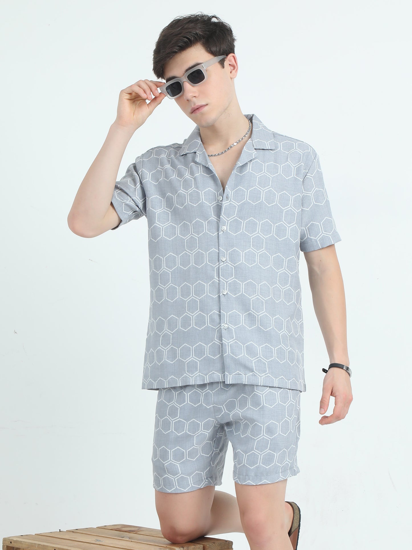 Twill Poly Ruber Print  L Grey Co Ord Set For Men