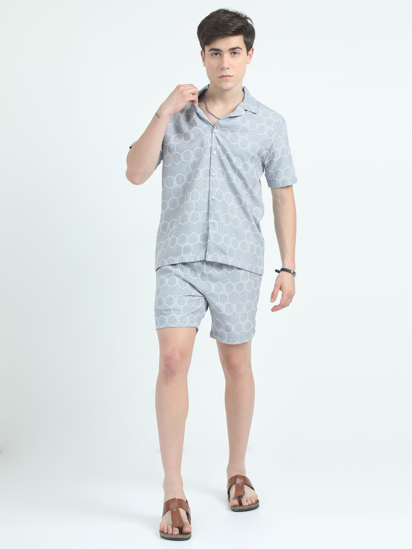 Twill Poly Ruber Print  L Grey Co Ord Set For Men