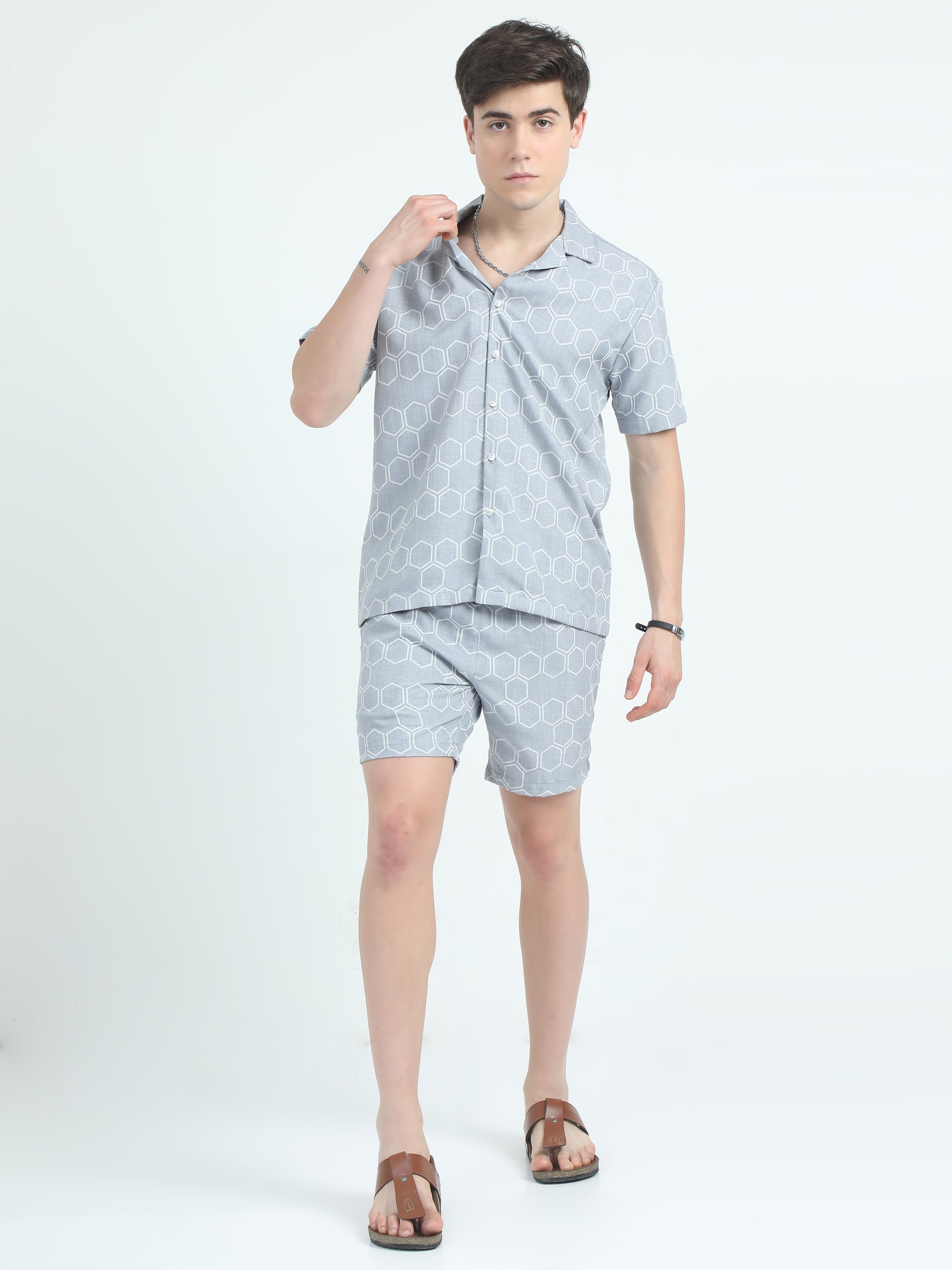 Twill Poly Ruber Print  L Grey Co Ord Set For Men