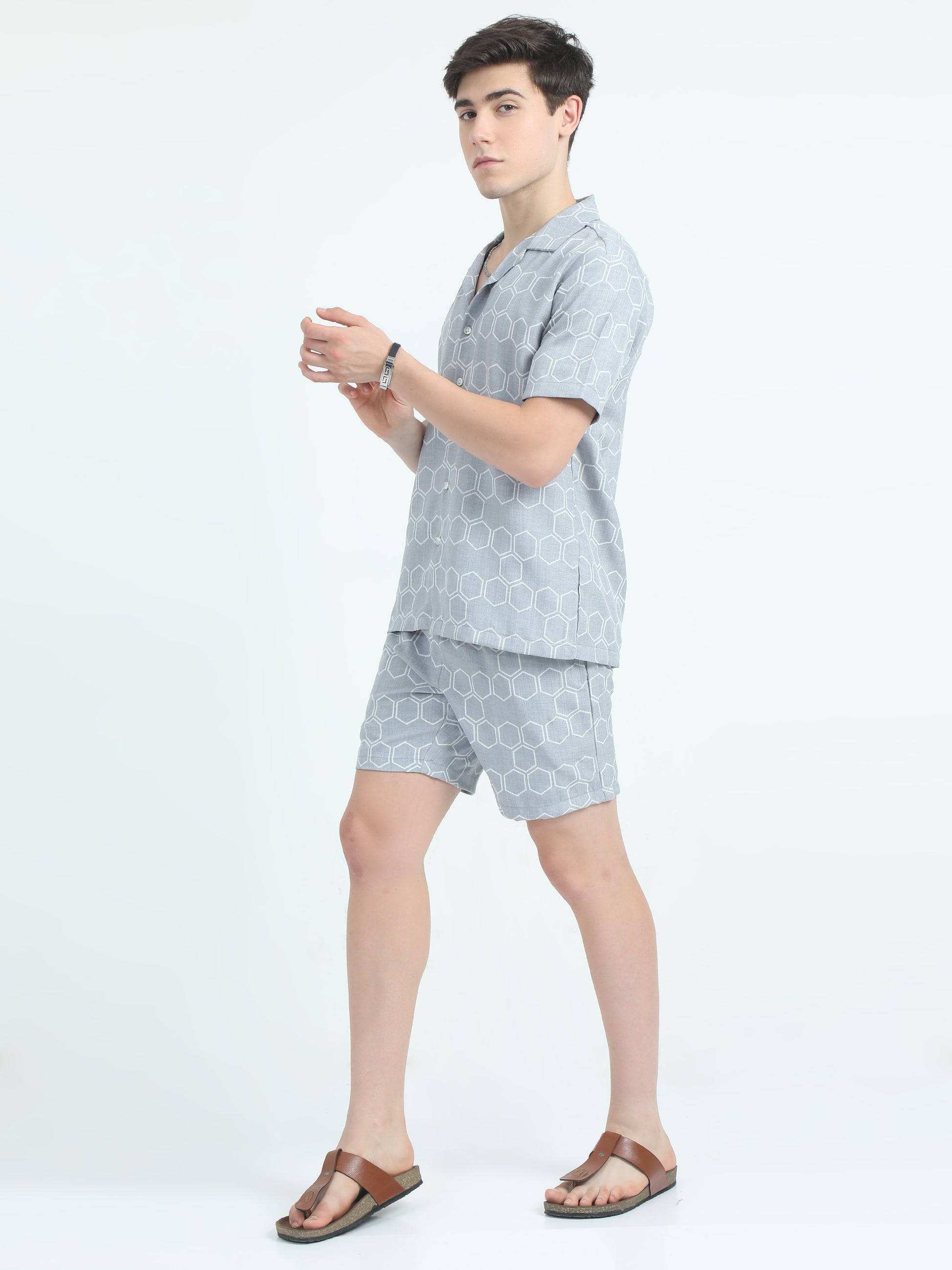 Twill Poly Ruber Print  L Grey Co Ord Set For Men