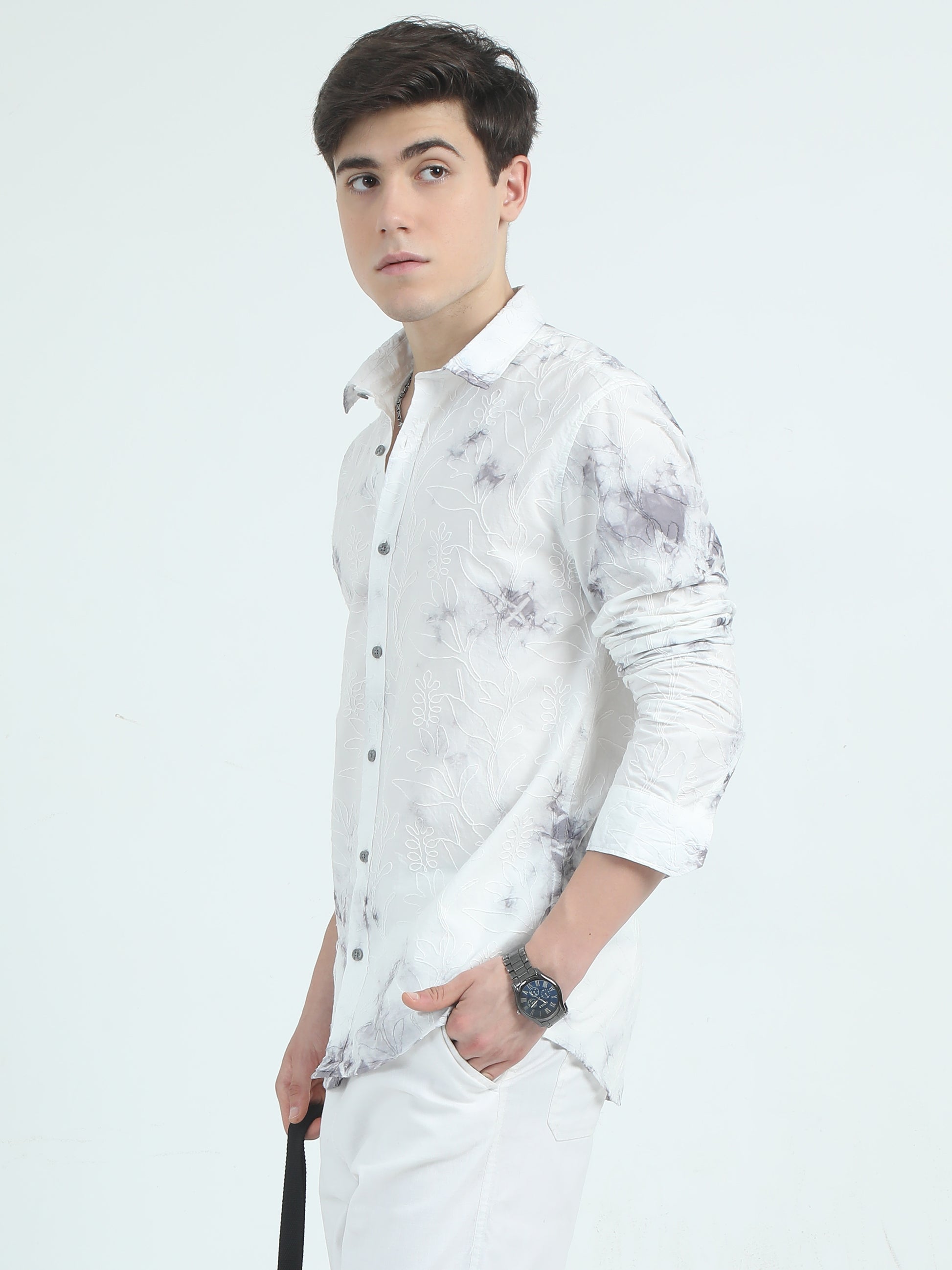 Charcoal Embroidered Cotton Shirt For Men