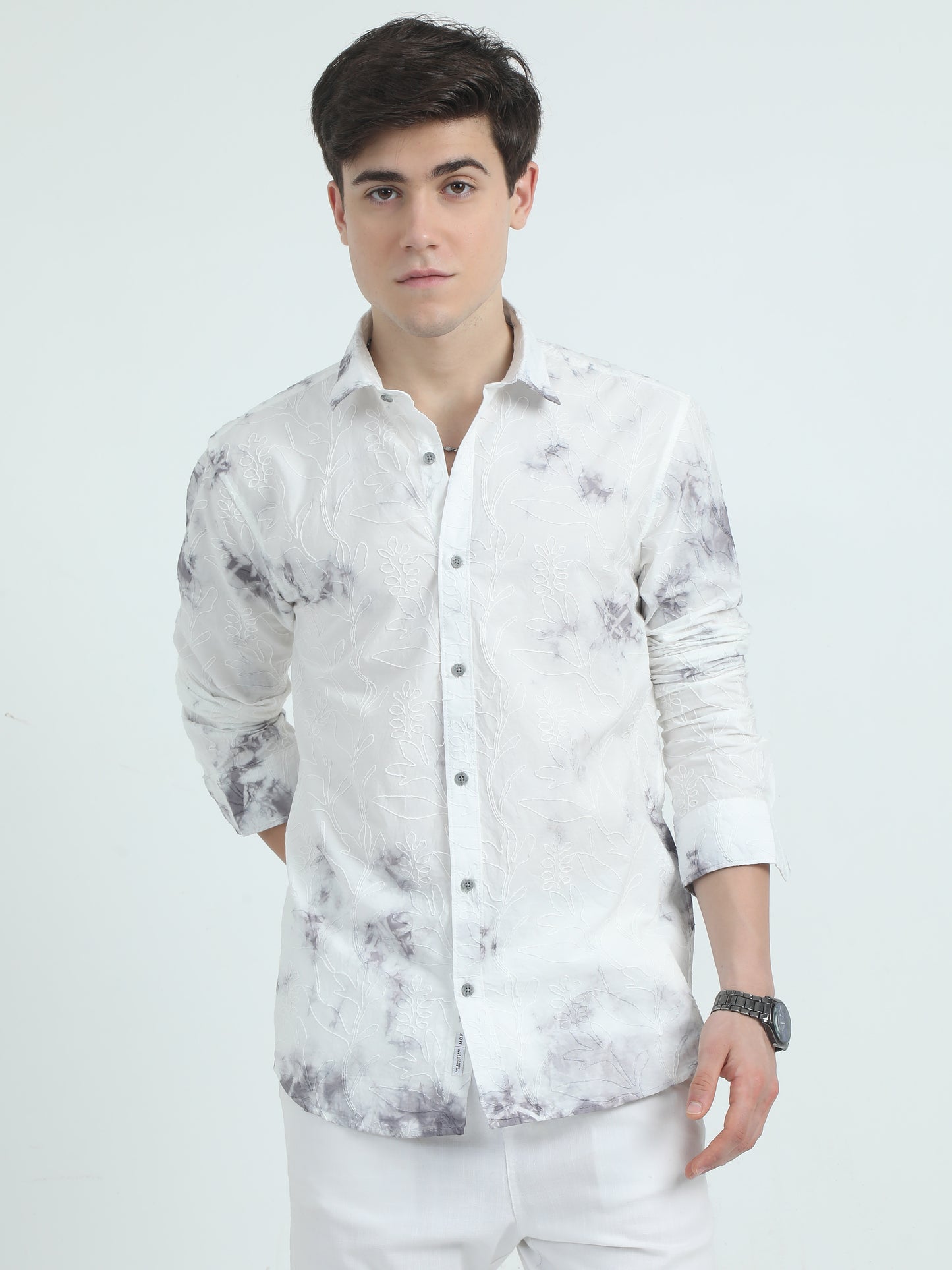 Charcoal Embroidered Cotton Shirt For Men