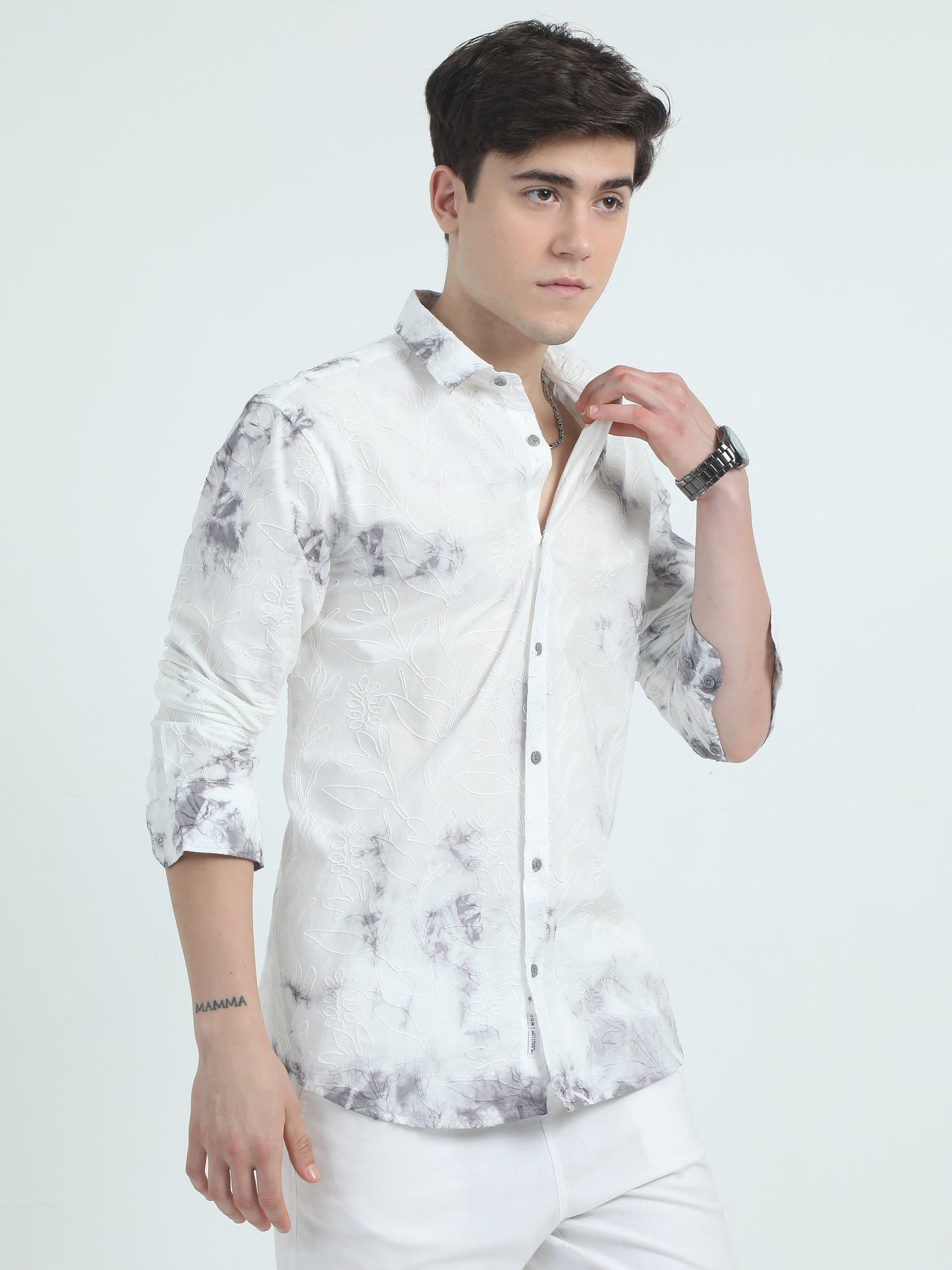 Charcoal Embroidered Cotton Shirt For Men