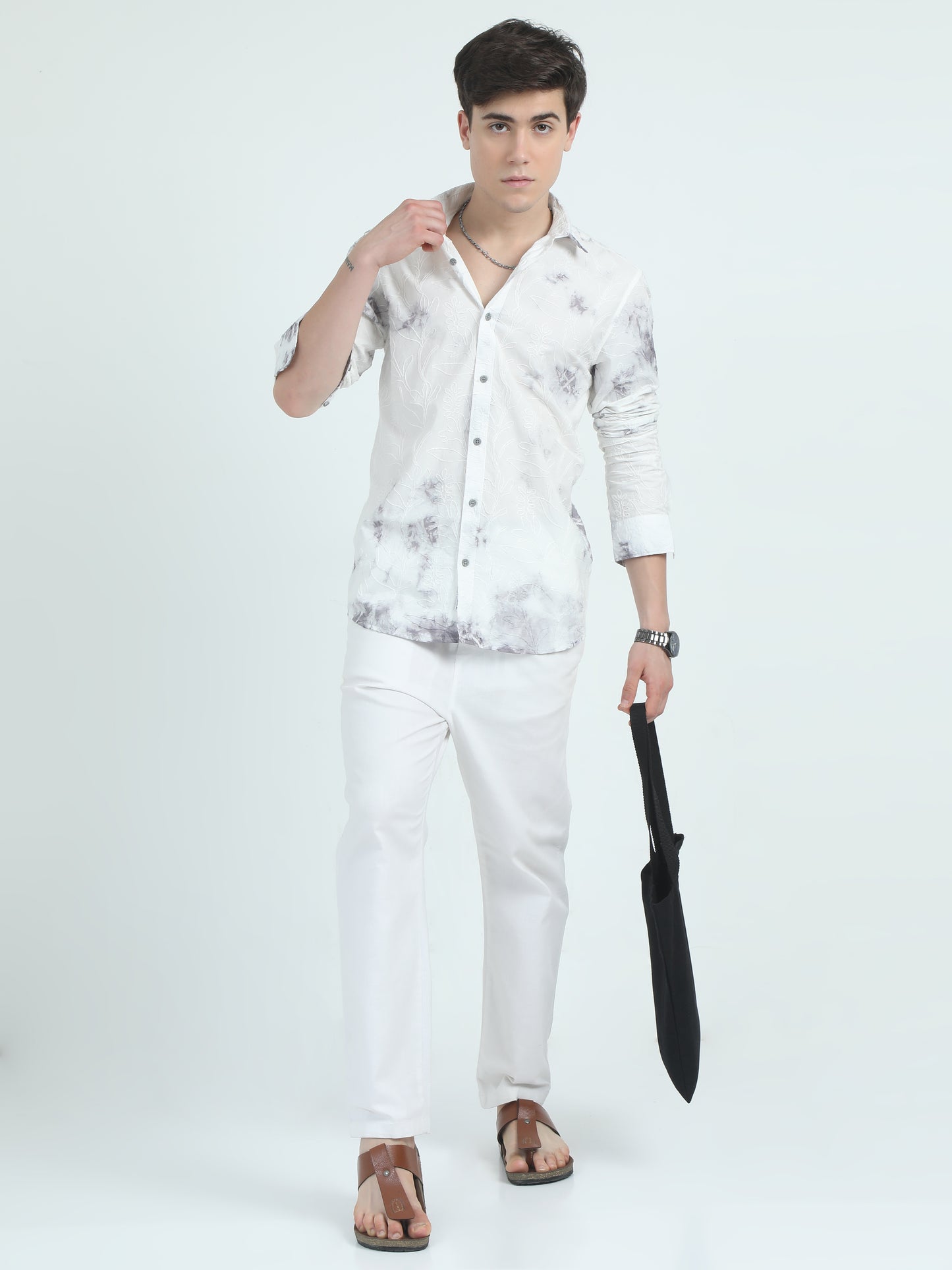 Charcoal Embroidered Cotton Shirt For Men