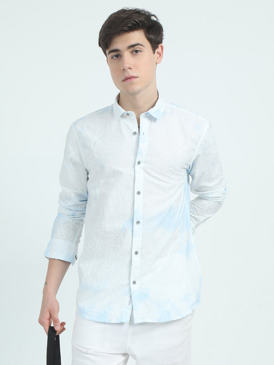 Embroidered Blue Cotton Shirt For Men