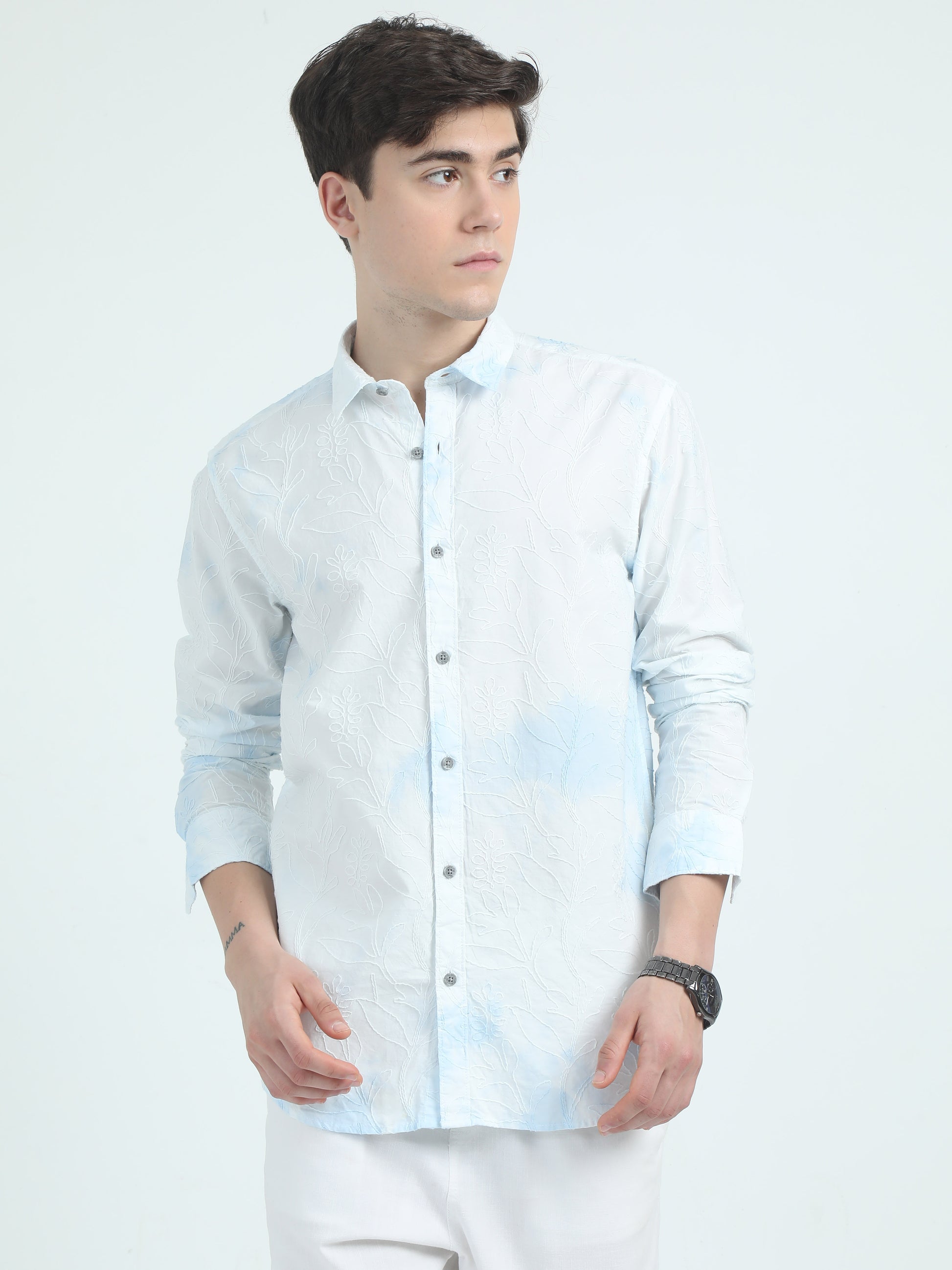 Embroidered Blue Cotton Shirt For Men