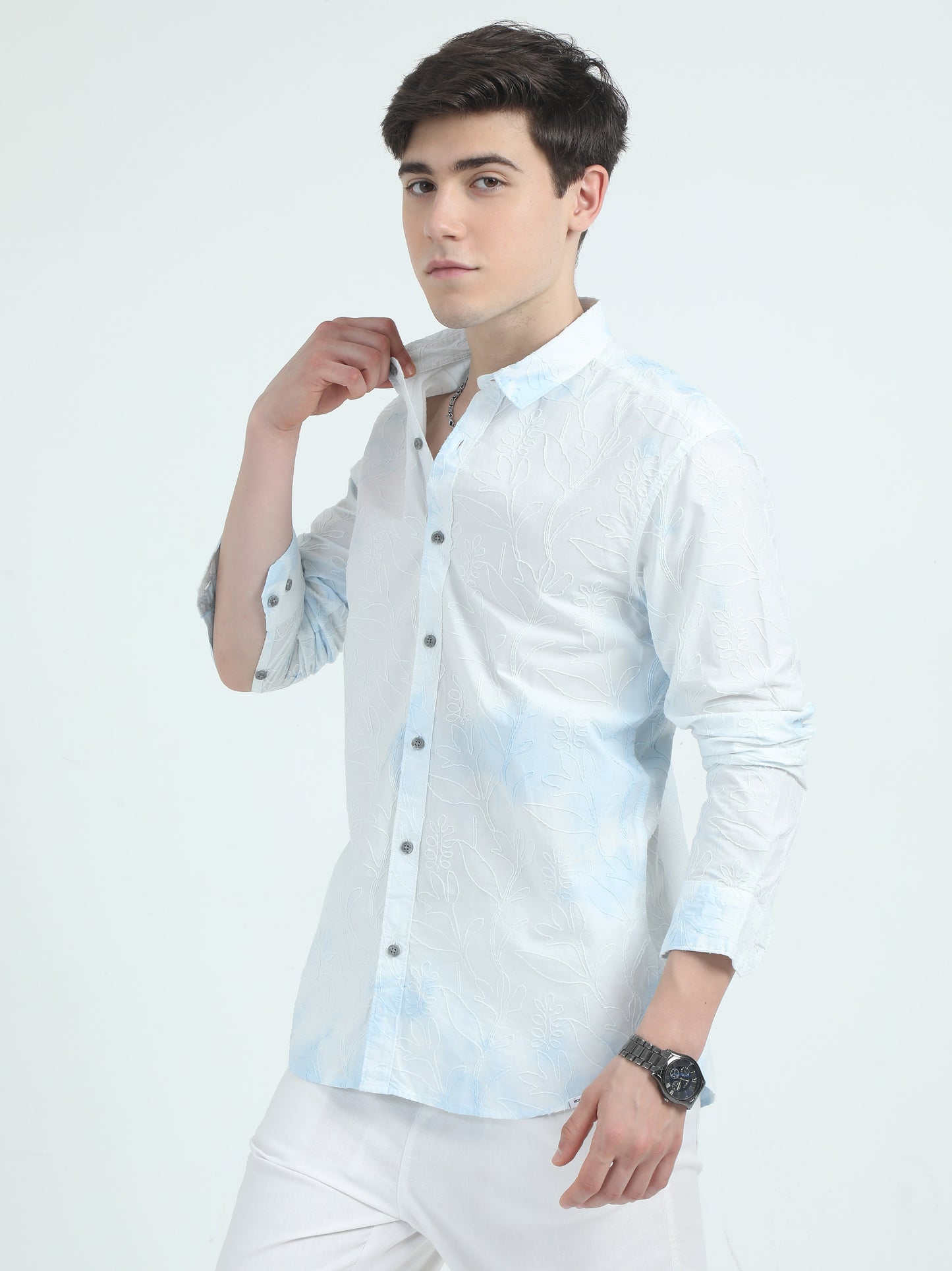 Embroidered Blue Cotton Shirt For Men