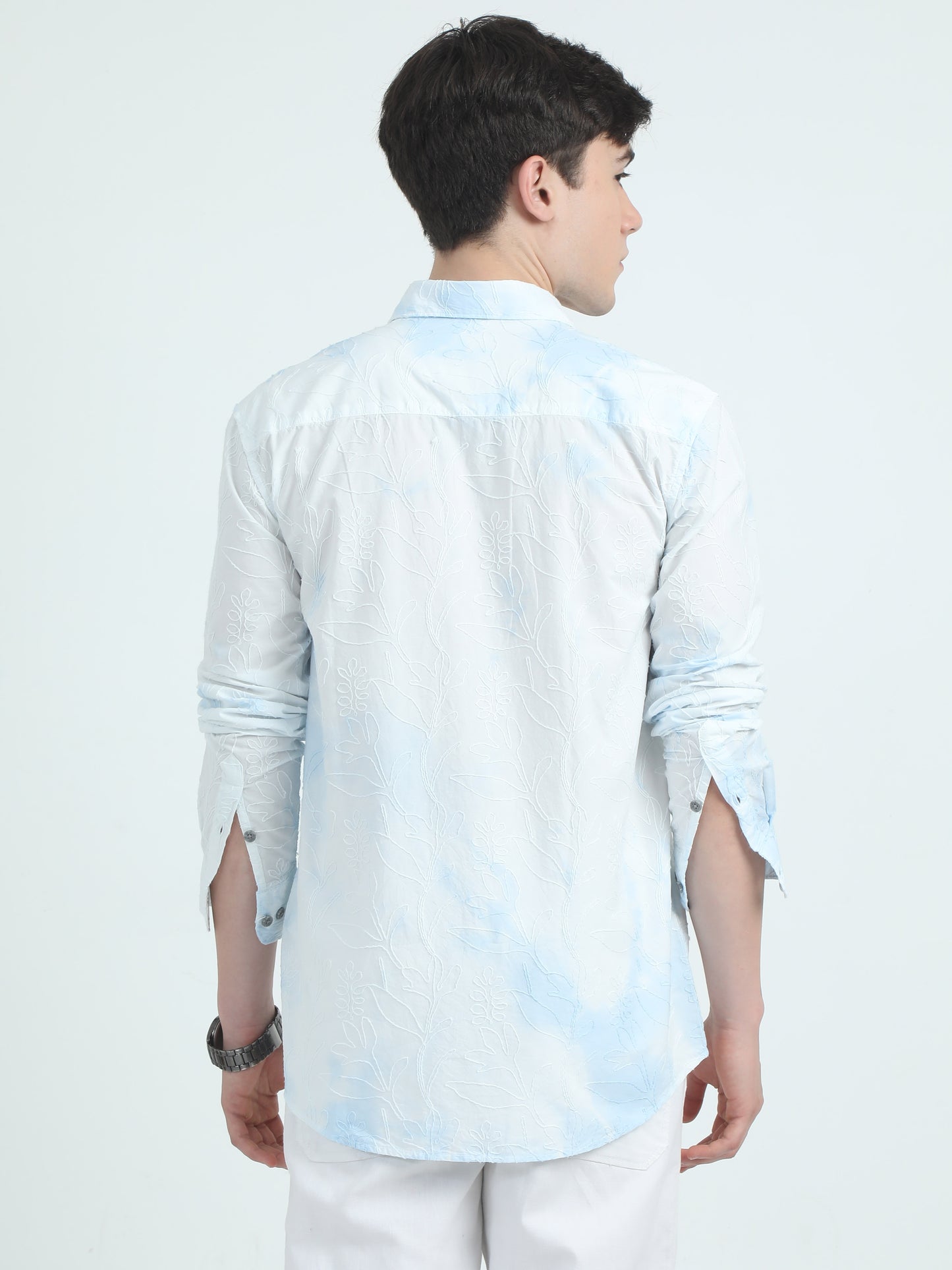 Embroidered Blue Cotton Shirt For Men