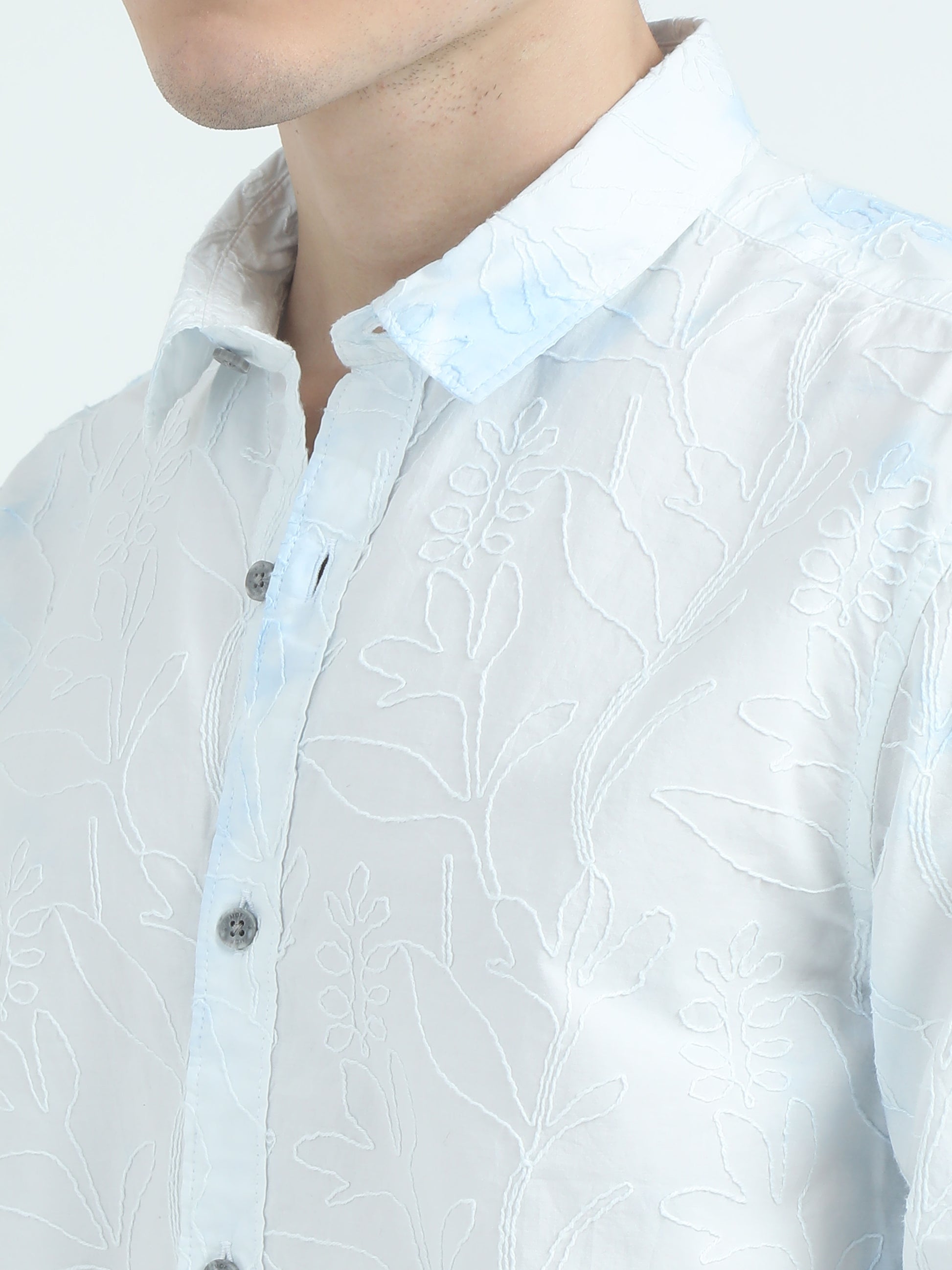 Embroidered Blue Cotton Shirt For Men