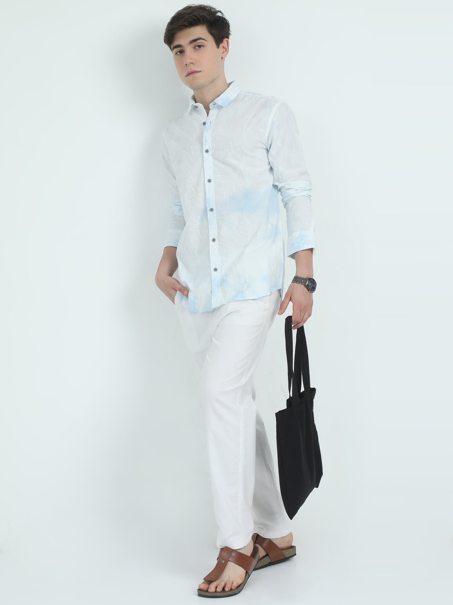 Embroidered Blue Cotton Shirt For Men