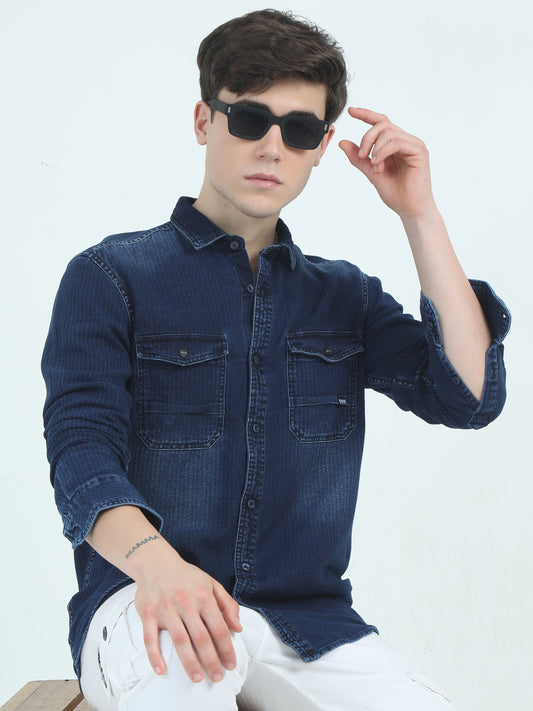 Navy Double Pocket Denim Shirt For Men