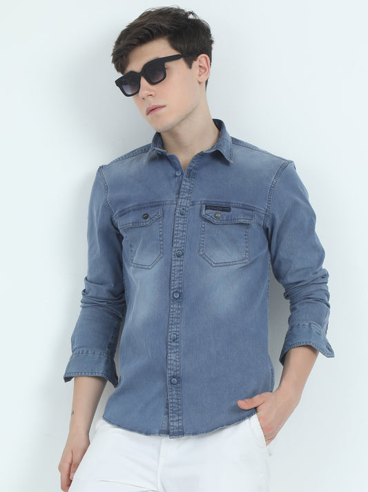  Light Blue Denim Corduroy Fabric Shirt​ For Men