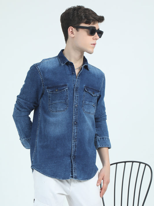 Navy Double Pocket Denim Shirt​ For Men