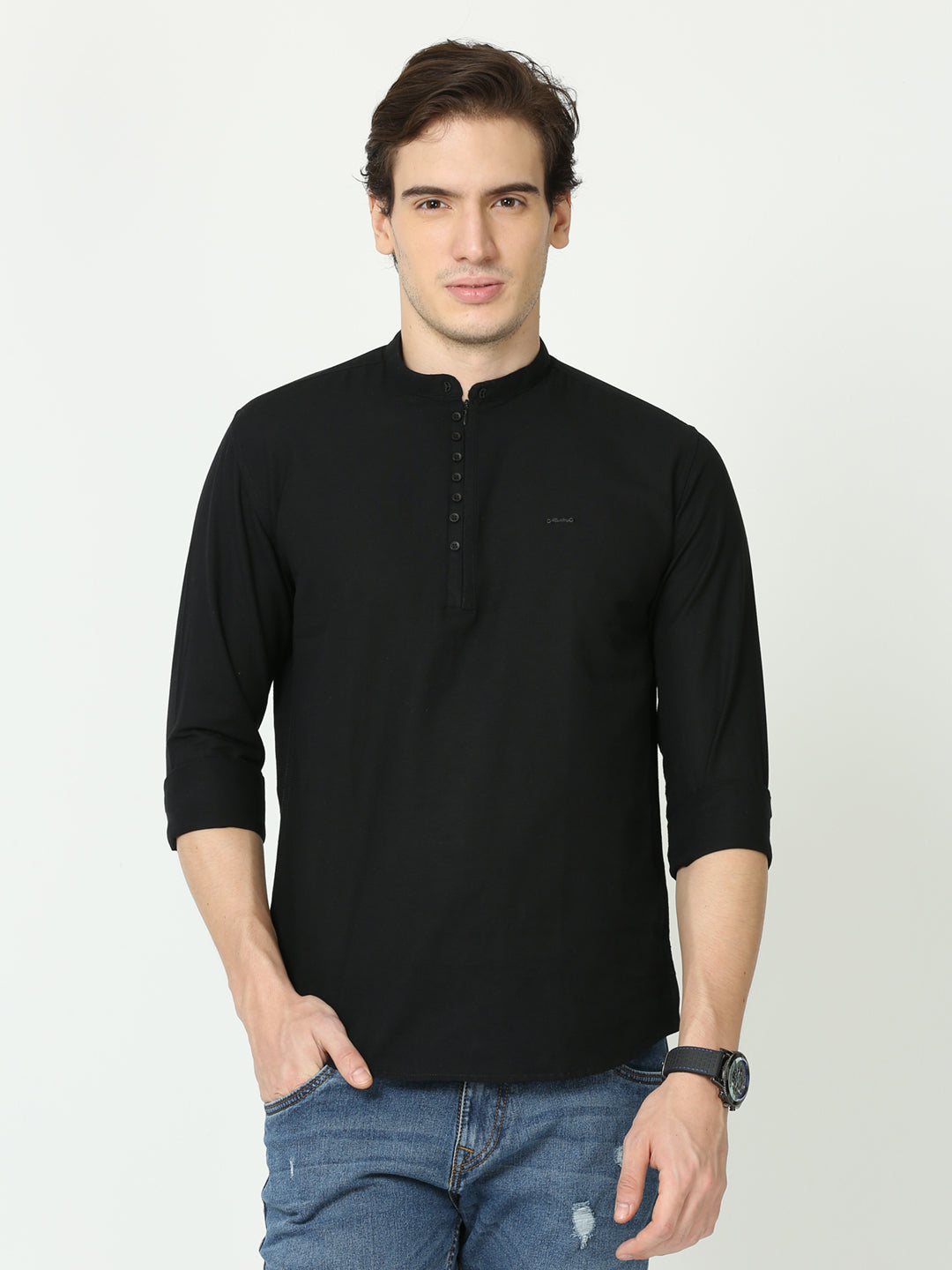 Plain Dobby Straight Black Kurta For Men