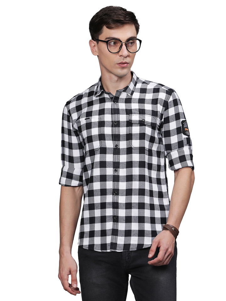  Black And White Double Pocket Check Shirts for Men