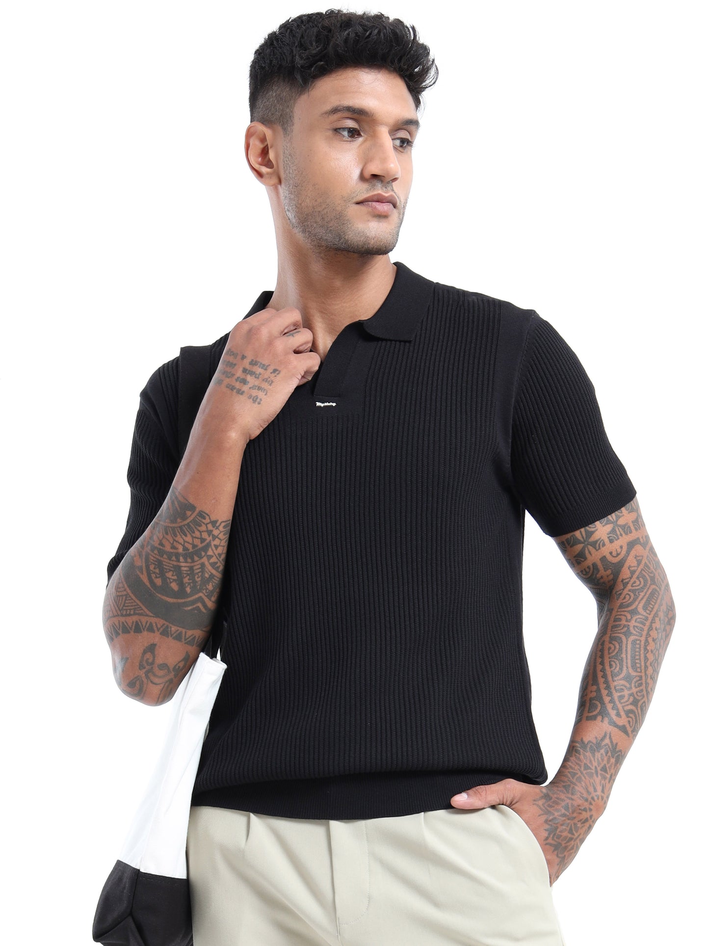 PREMIUM FLAT KNIT POLO - BLACK