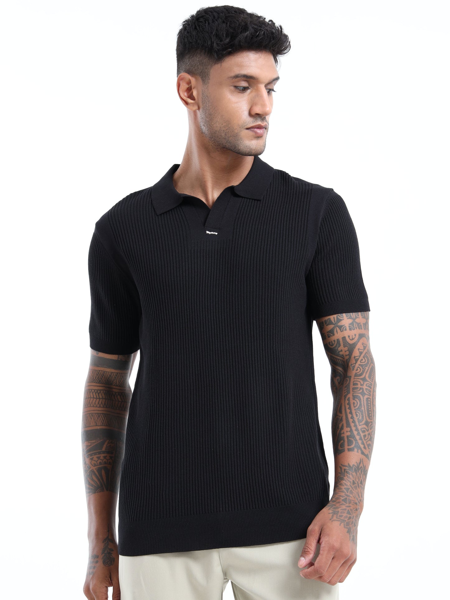 PREMIUM FLAT KNIT POLO - BLACK
