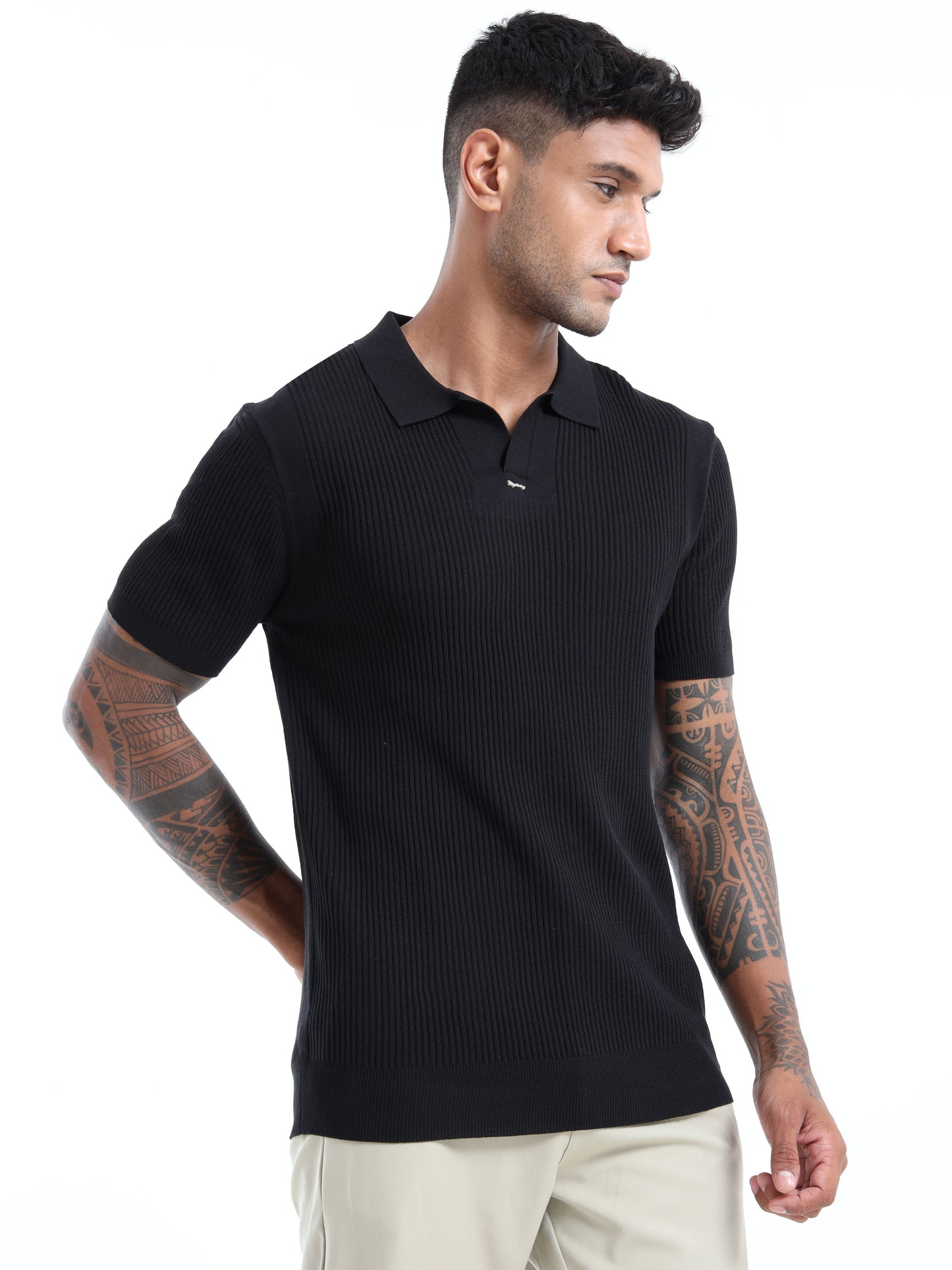PREMIUM FLAT KNIT POLO - BLACK