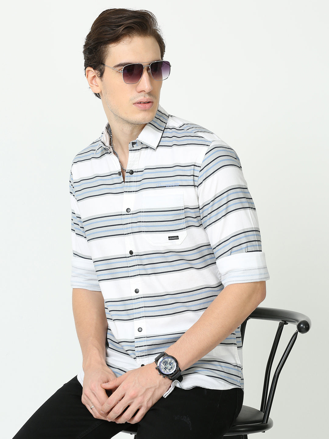 Milk White Horizontal Line Shirt Mens