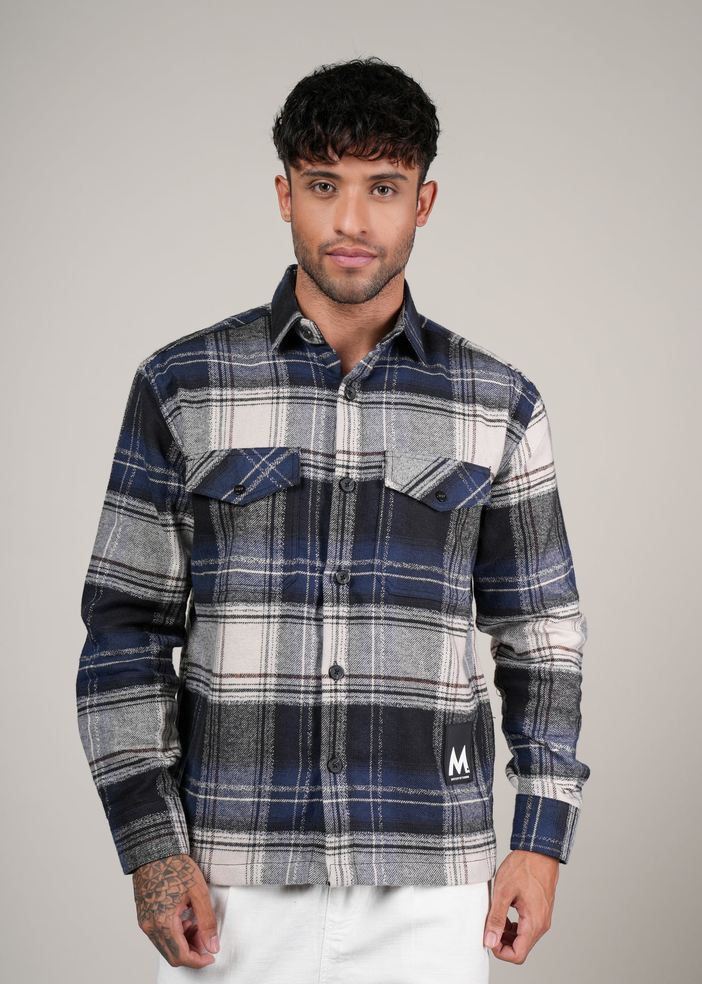 Men’s Premium Navy  Brushed Cotton Checked Shacket
