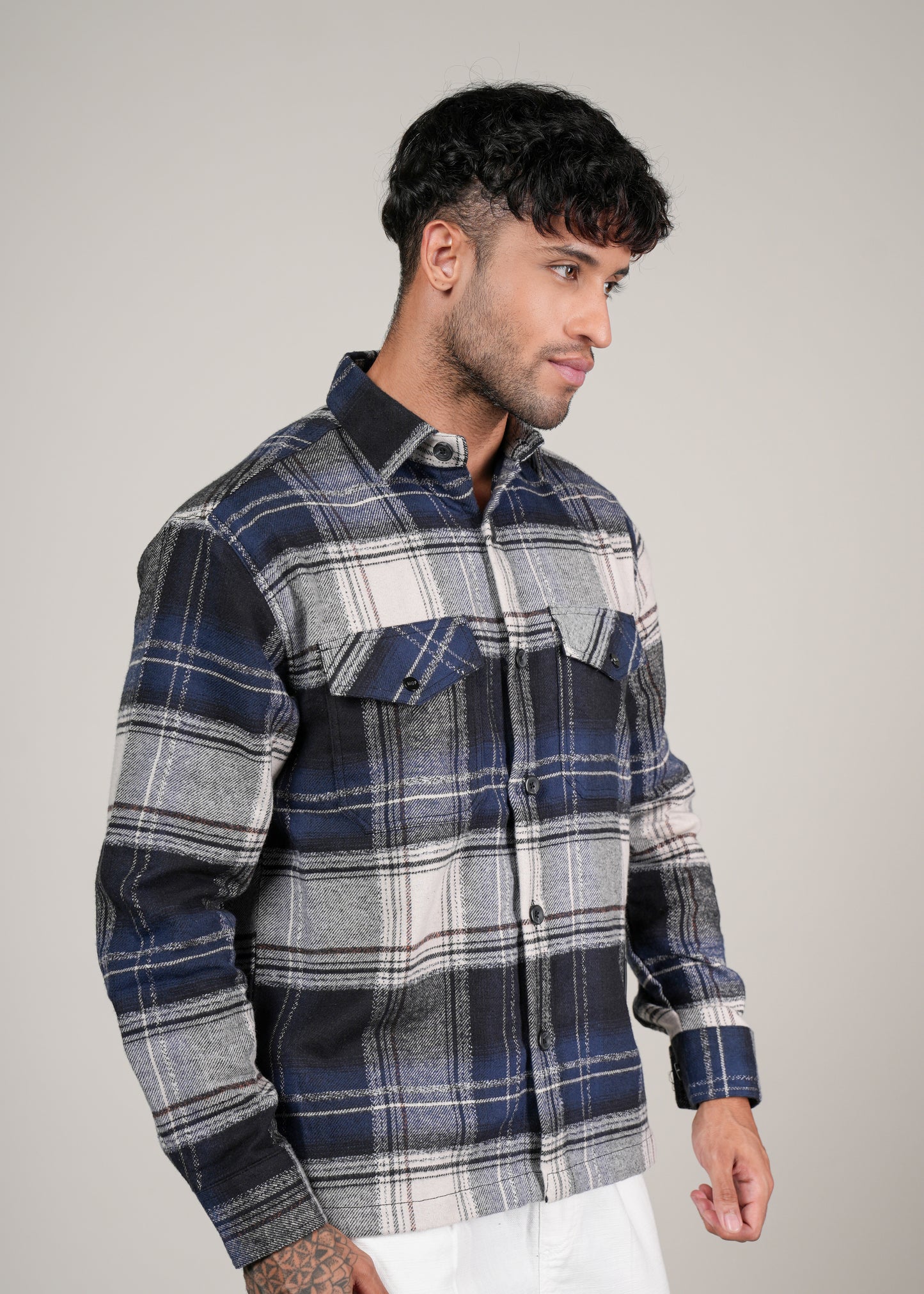 Men’s Premium Navy  Brushed Cotton Checked Shacket