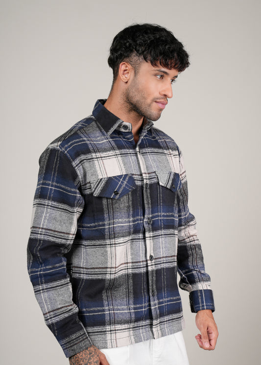 Men’s Premium Navy  Brushed Cotton Checked Shacket