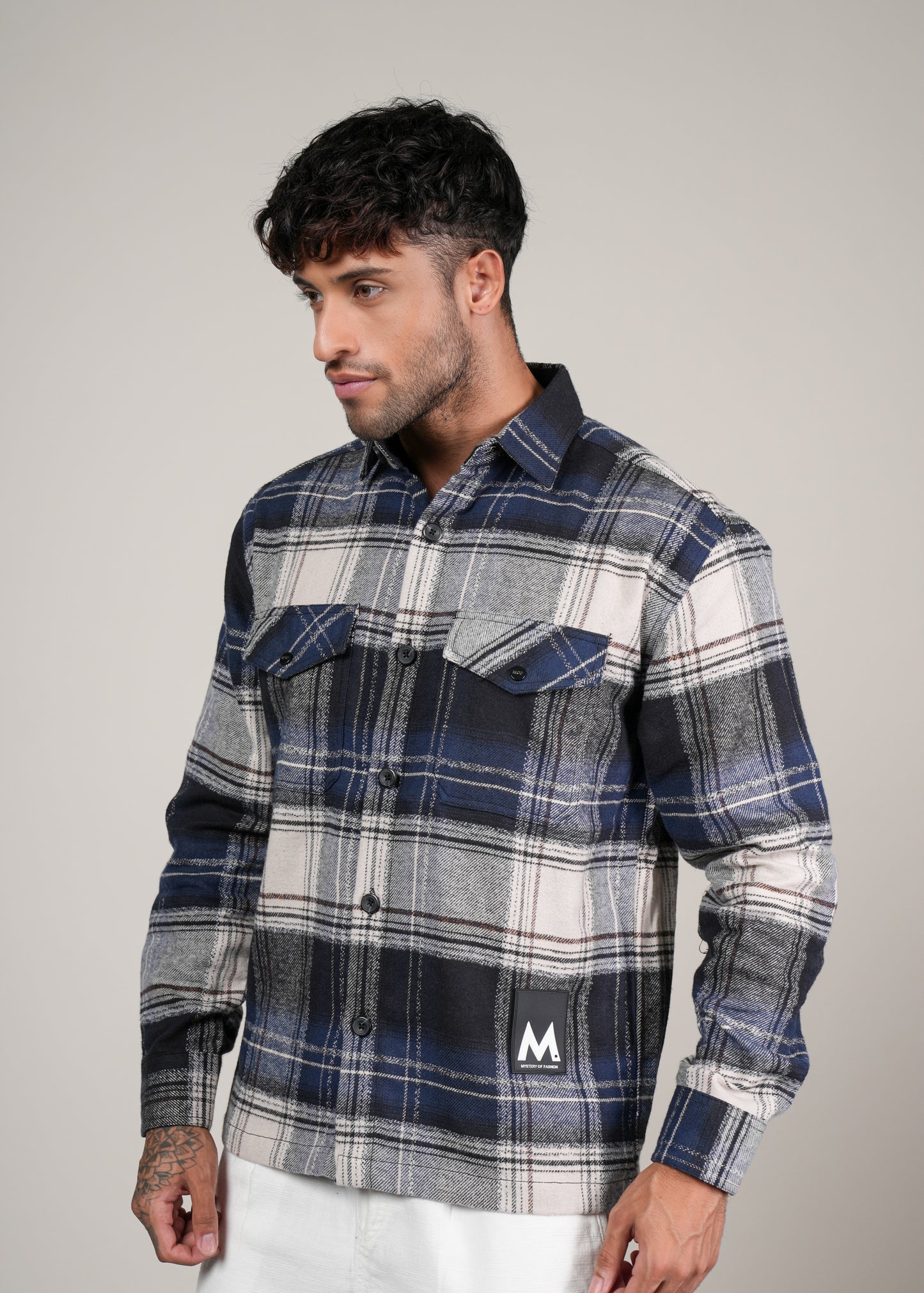 Men’s Premium Navy  Brushed Cotton Checked Shacket