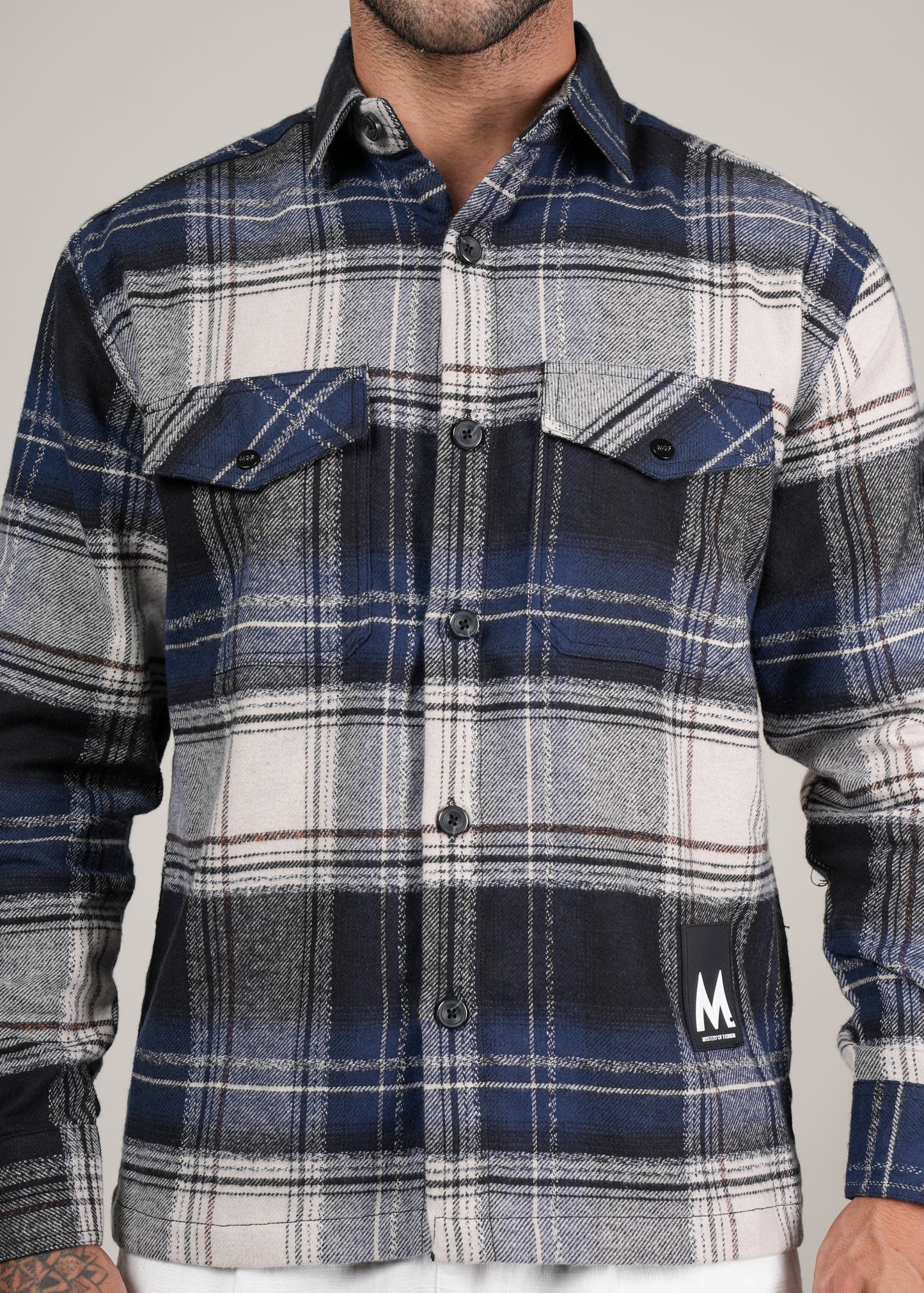 Men’s Premium Navy  Brushed Cotton Checked Shacket