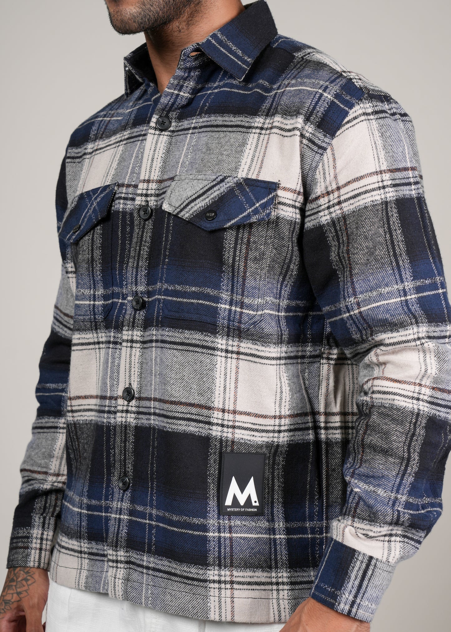 Men’s Premium Navy  Brushed Cotton Checked Shacket