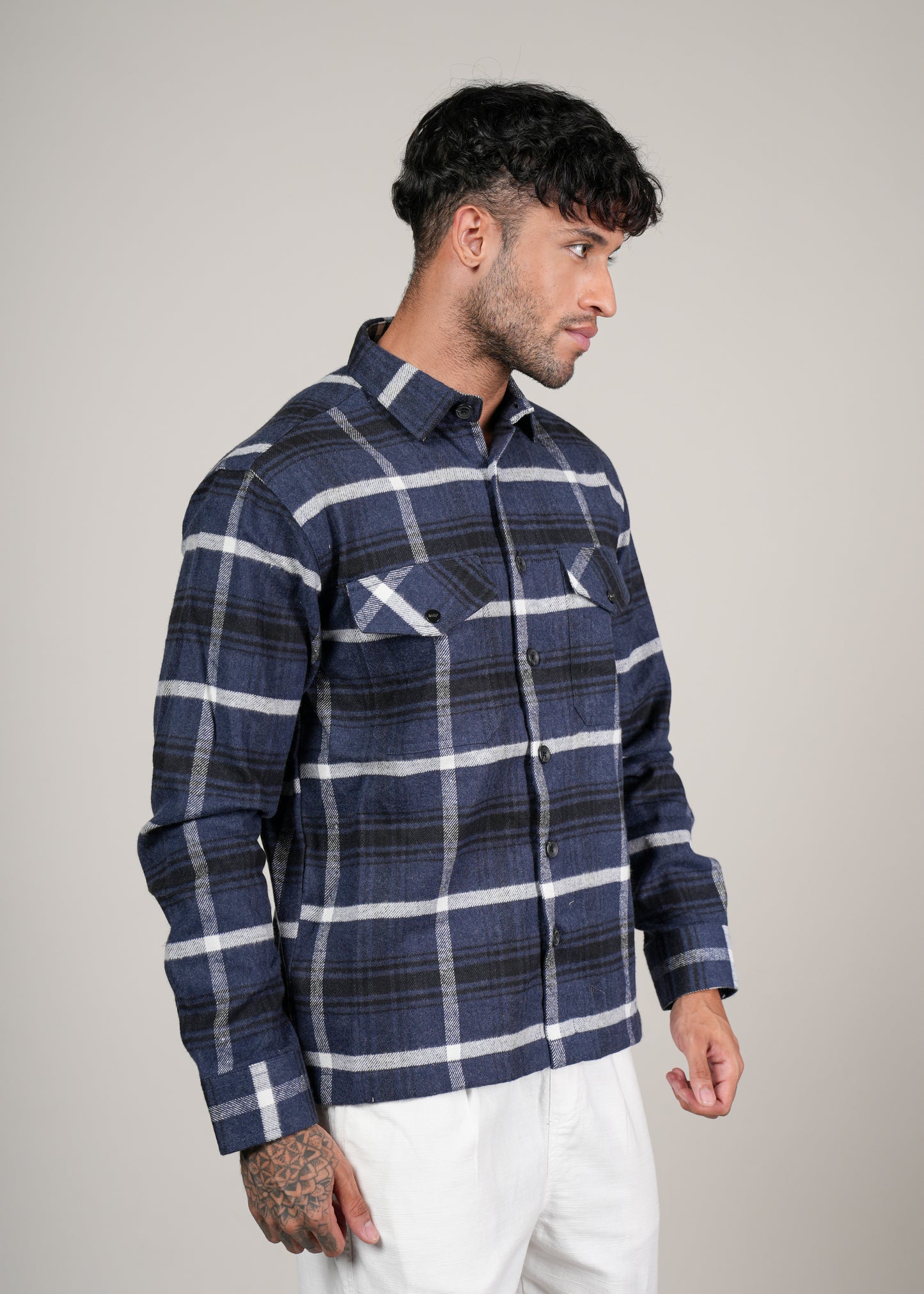 Men’s Navy Blue  Checked Cotton Flannel Shackrt