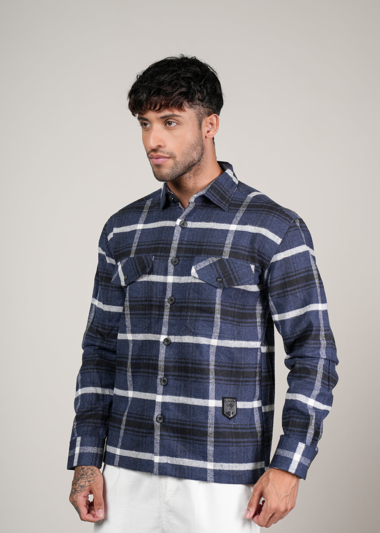 Men’s Navy Blue  Checked Cotton Flannel Shackrt