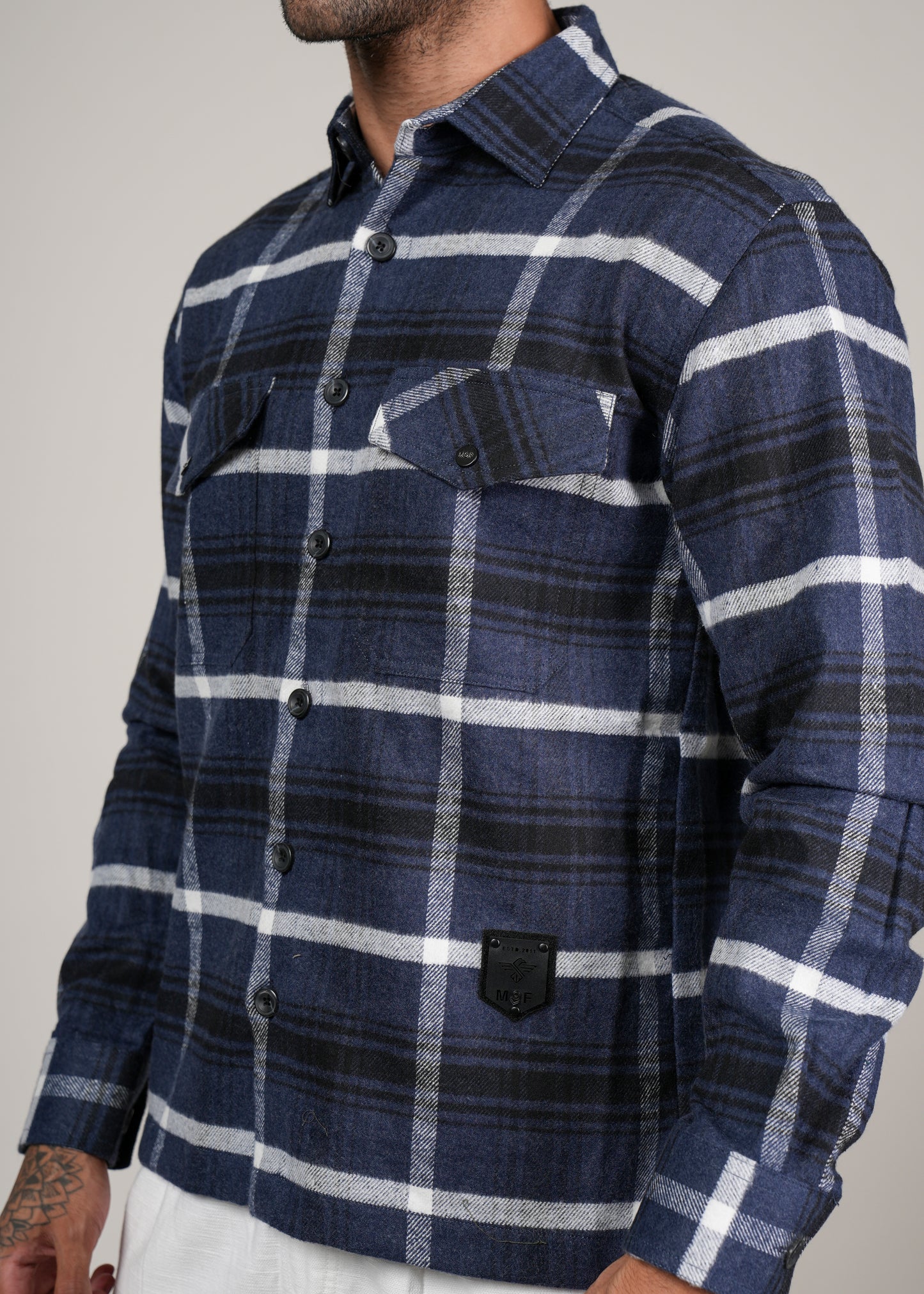 Men’s Navy Blue  Checked Cotton Flannel Shackrt