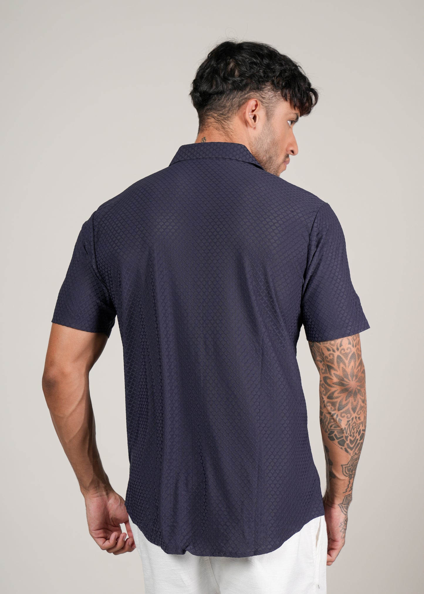 Men’s Navy Textured Short Sleeve Casual Shirt
