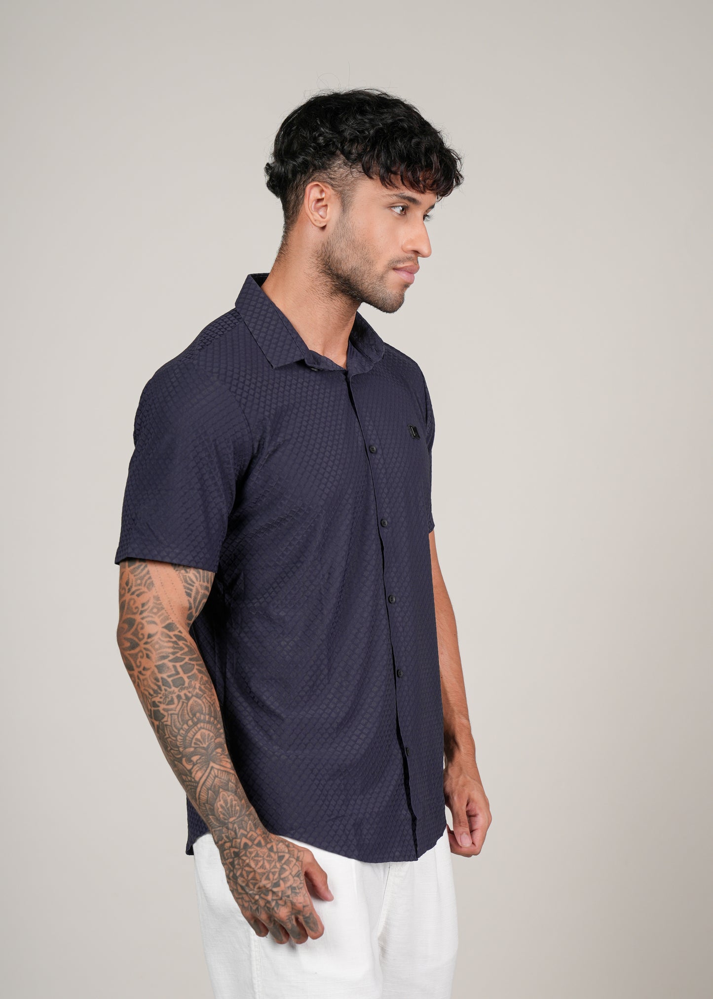 Men’s Navy Textured Short Sleeve Casual Shirt