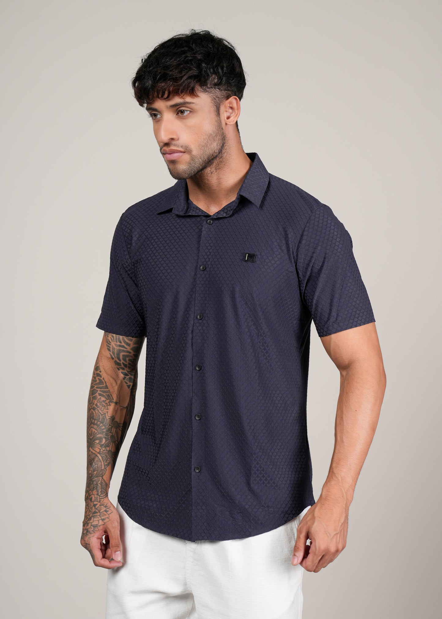 Men’s Navy Textured Short Sleeve Casual Shirt