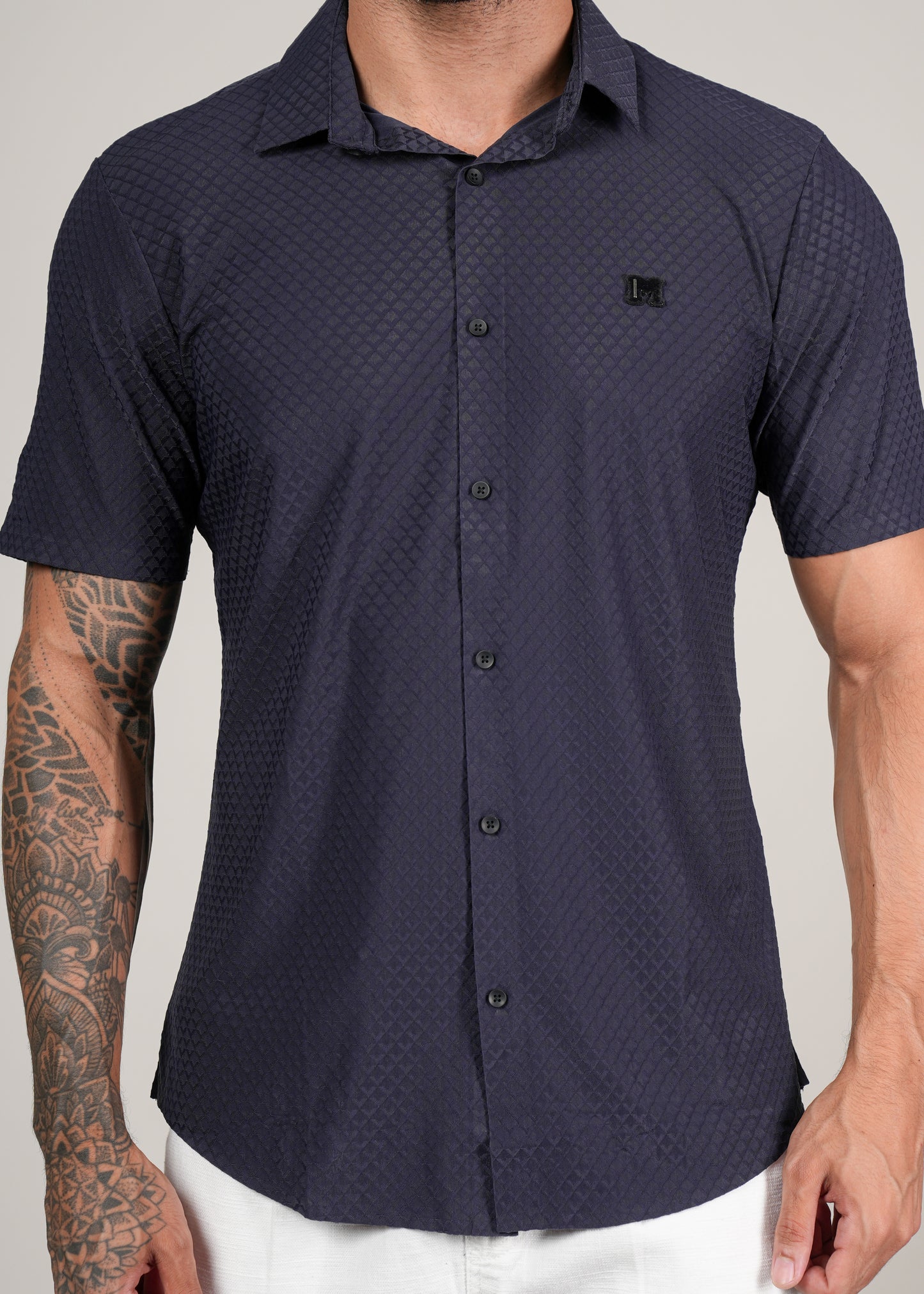 Men’s Navy Textured Short Sleeve Casual Shirt