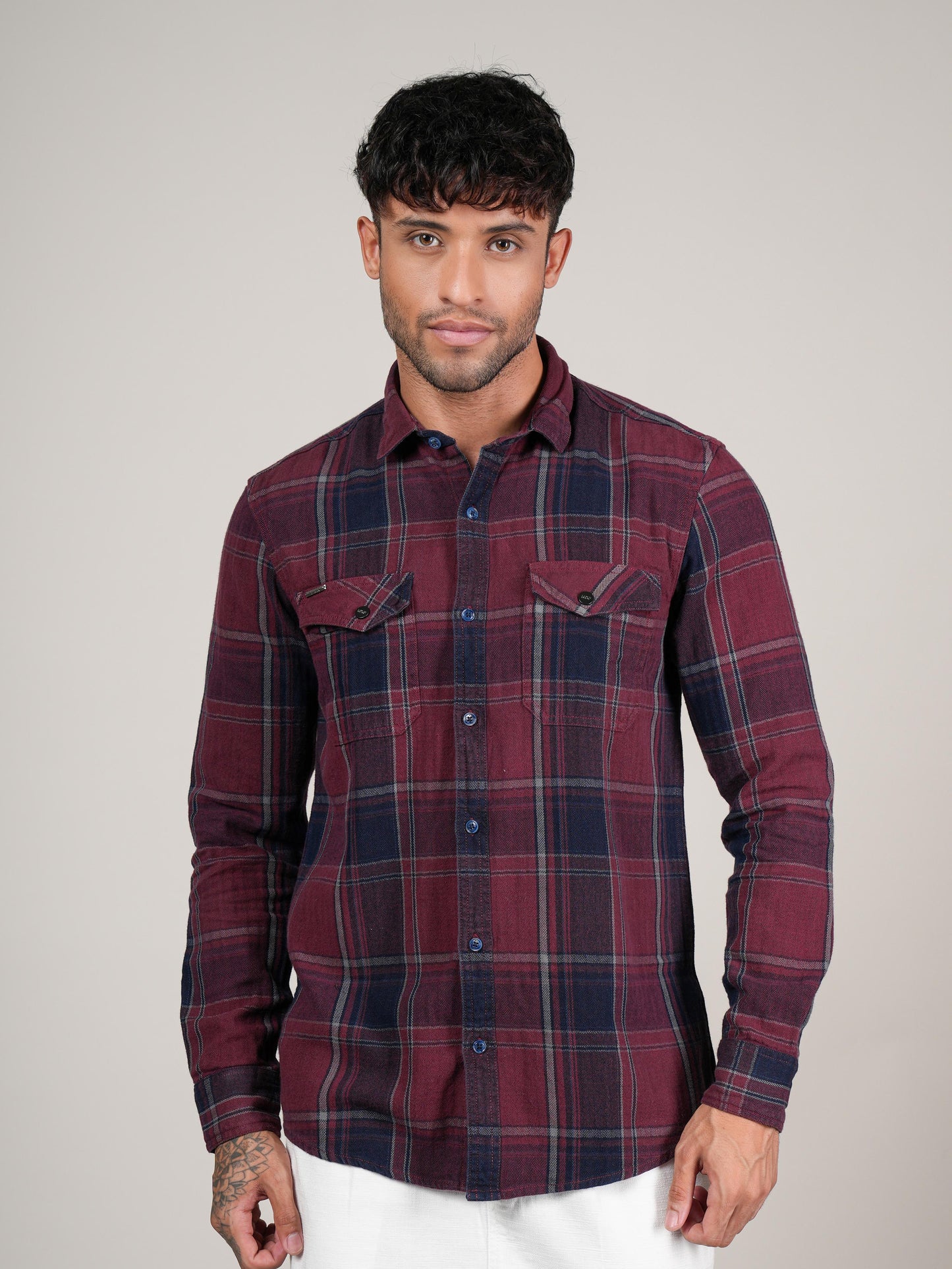 Menes  Maroon  Checked Casual Flannel Shirt