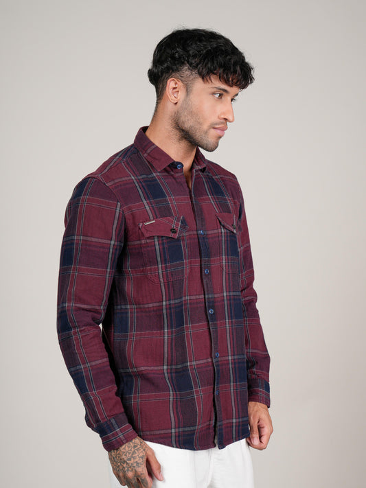 Menes  Maroon  Checked Casual Flannel Shirt