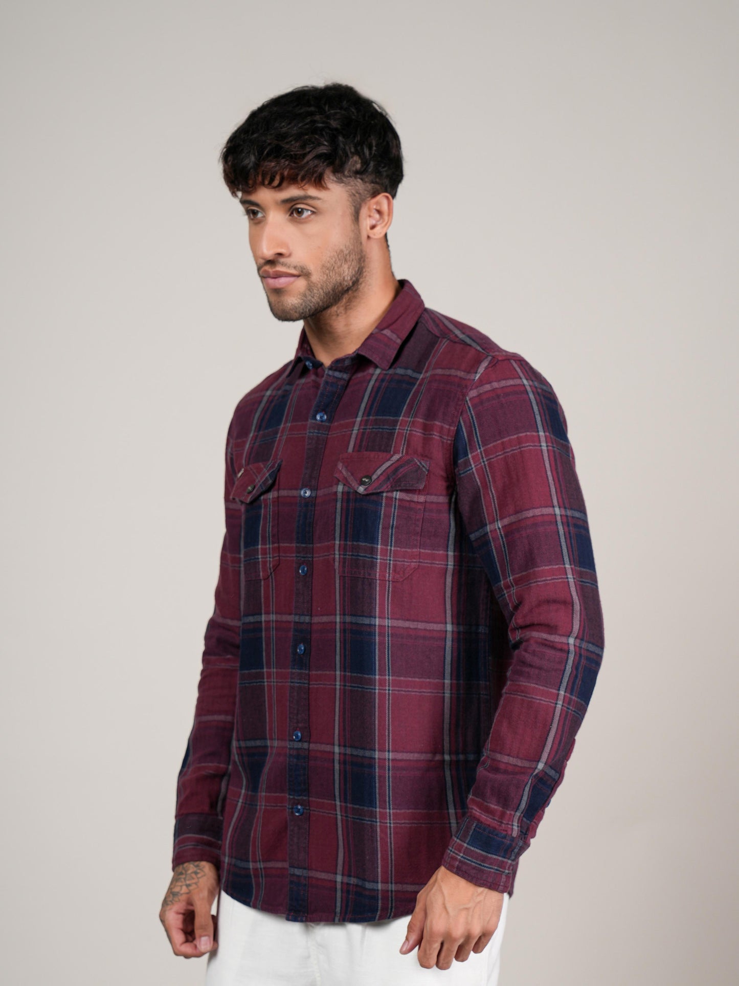 Menes  Maroon  Checked Casual Flannel Shirt