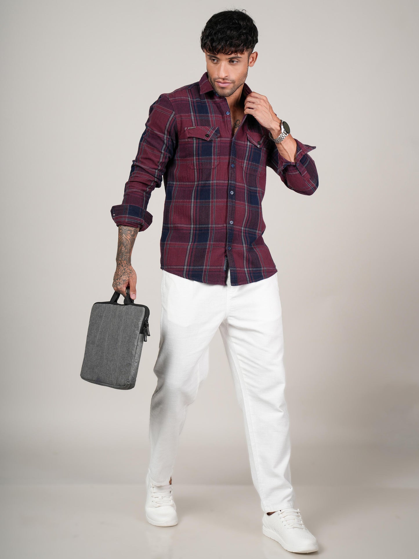 Menes  Maroon  Checked Casual Flannel Shirt