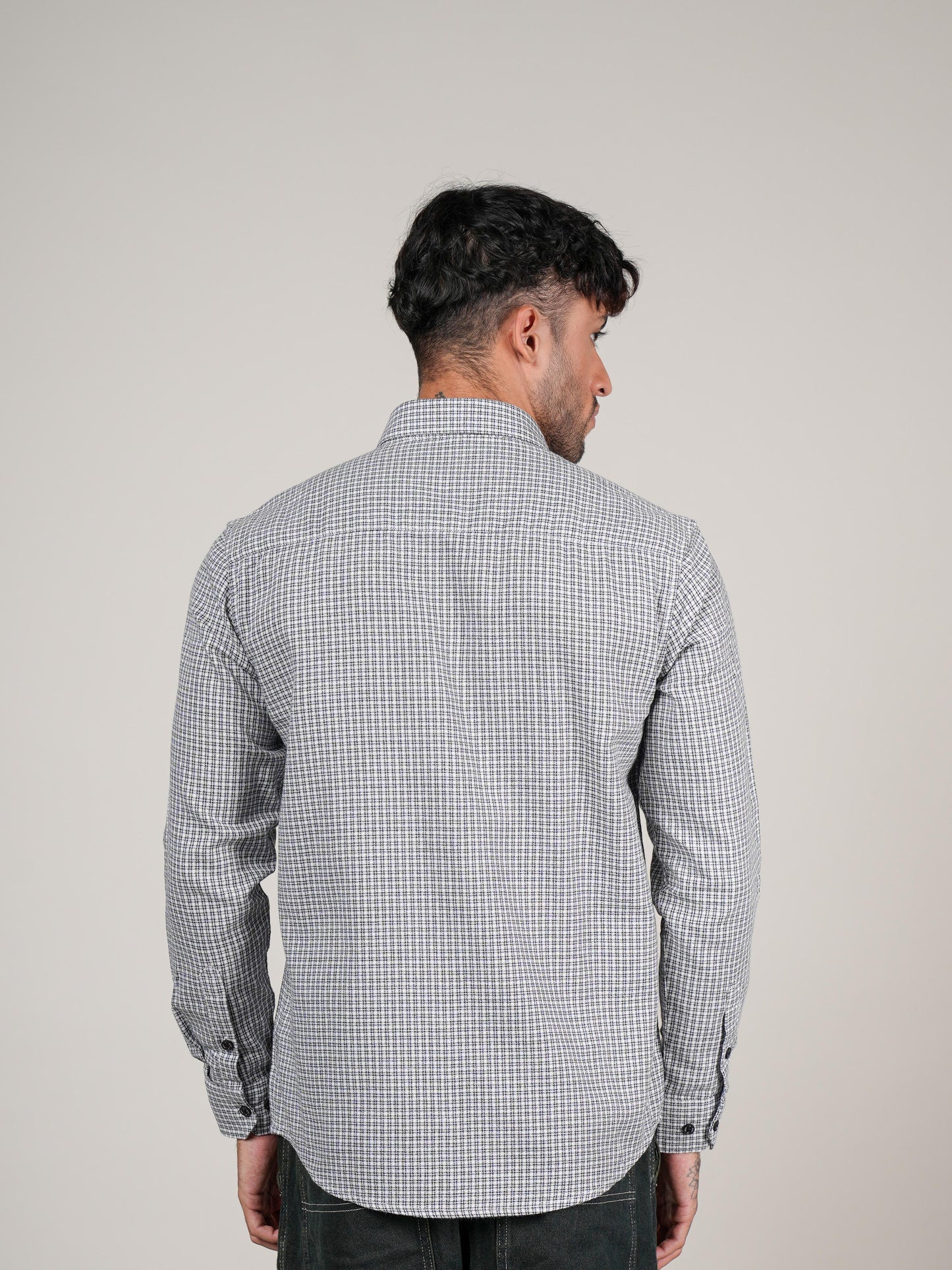Men’s Black & White Micro Check Long Sleeve Casual Shirt