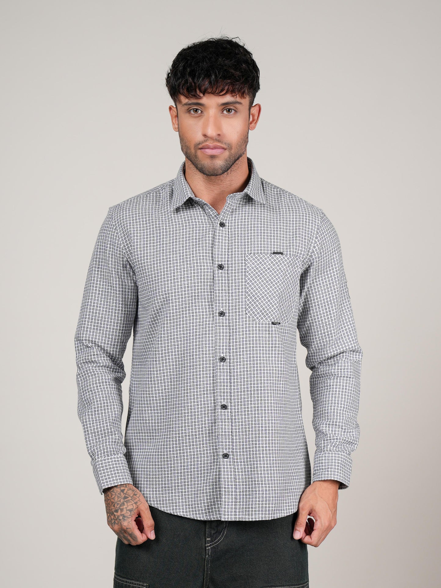 Men’s Black & White Micro Check Long Sleeve Casual Shirt