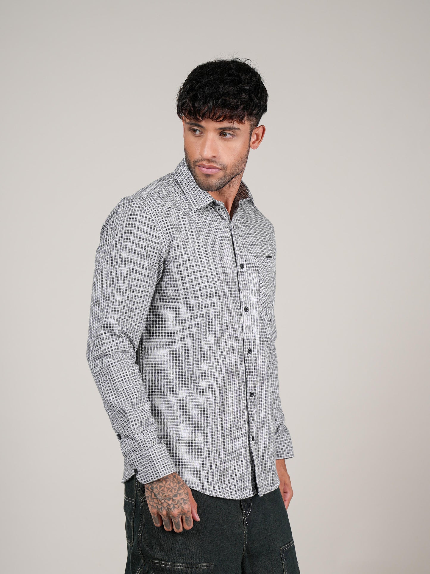 Men’s Black & White Micro Check Long Sleeve Casual Shirt