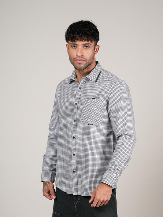 Men’s Black & White Micro Check Long Sleeve Casual Shirt
