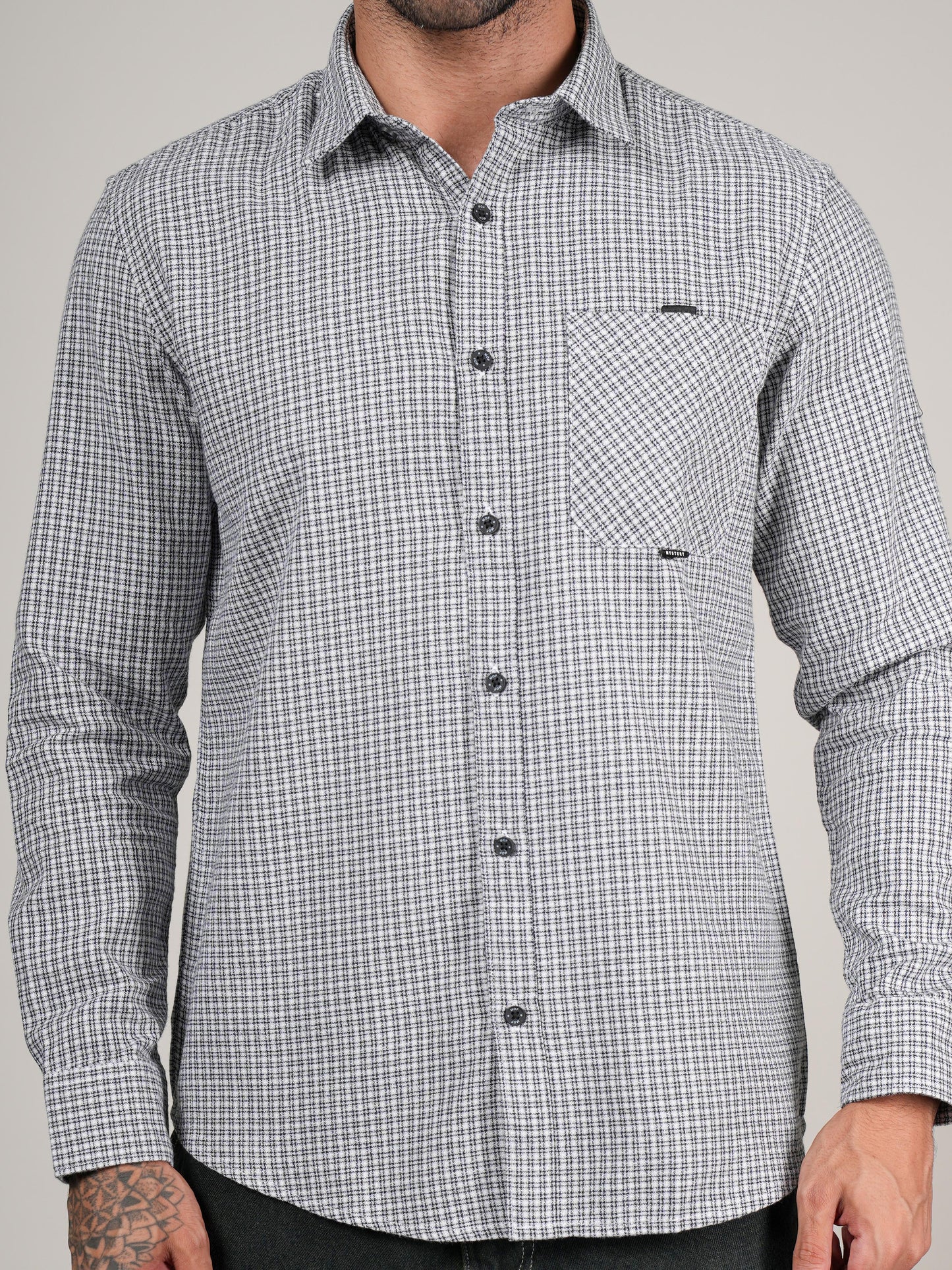 Men’s Black & White Micro Check Long Sleeve Casual Shirt