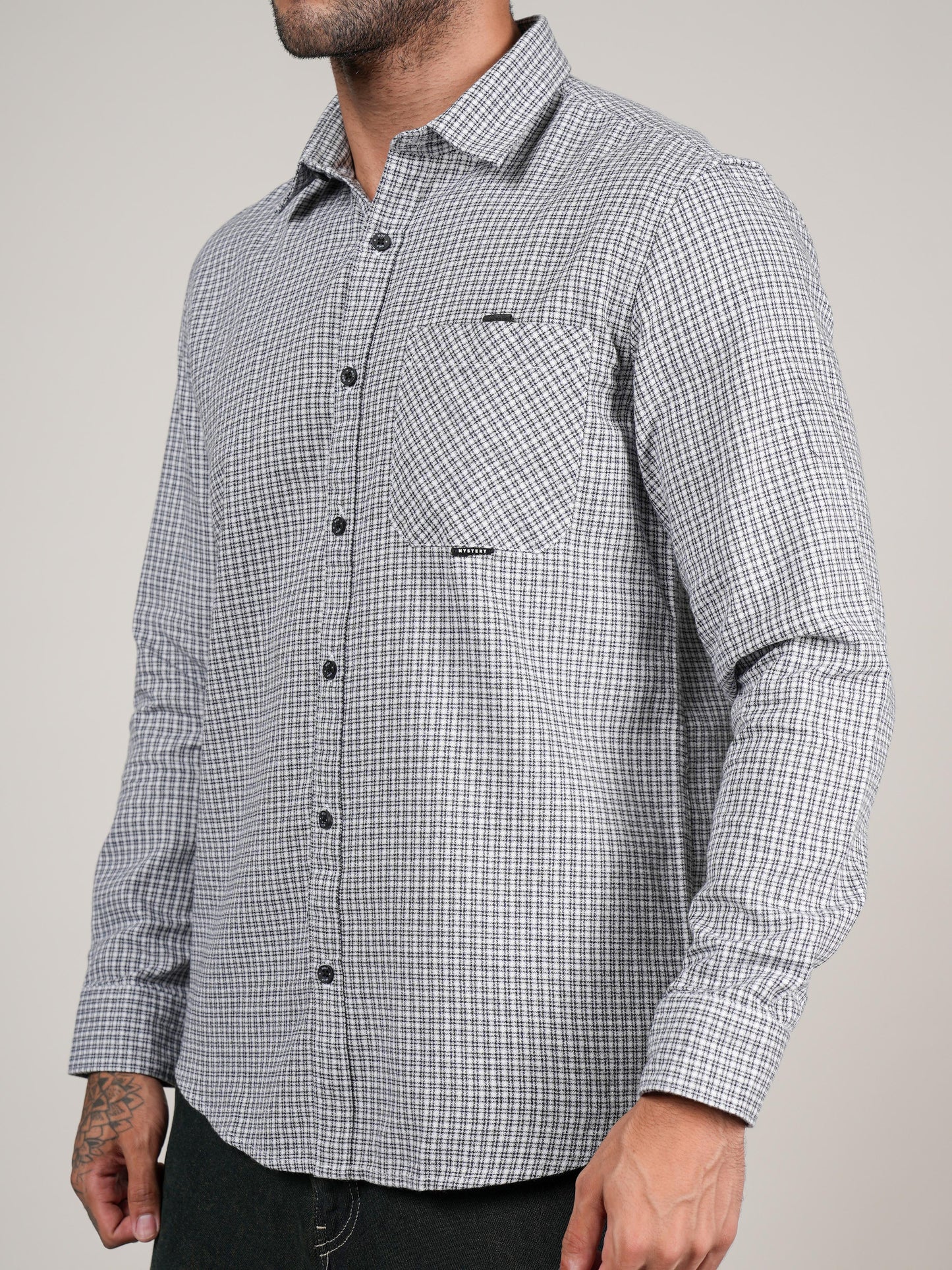 Men’s Black & White Micro Check Long Sleeve Casual Shirt
